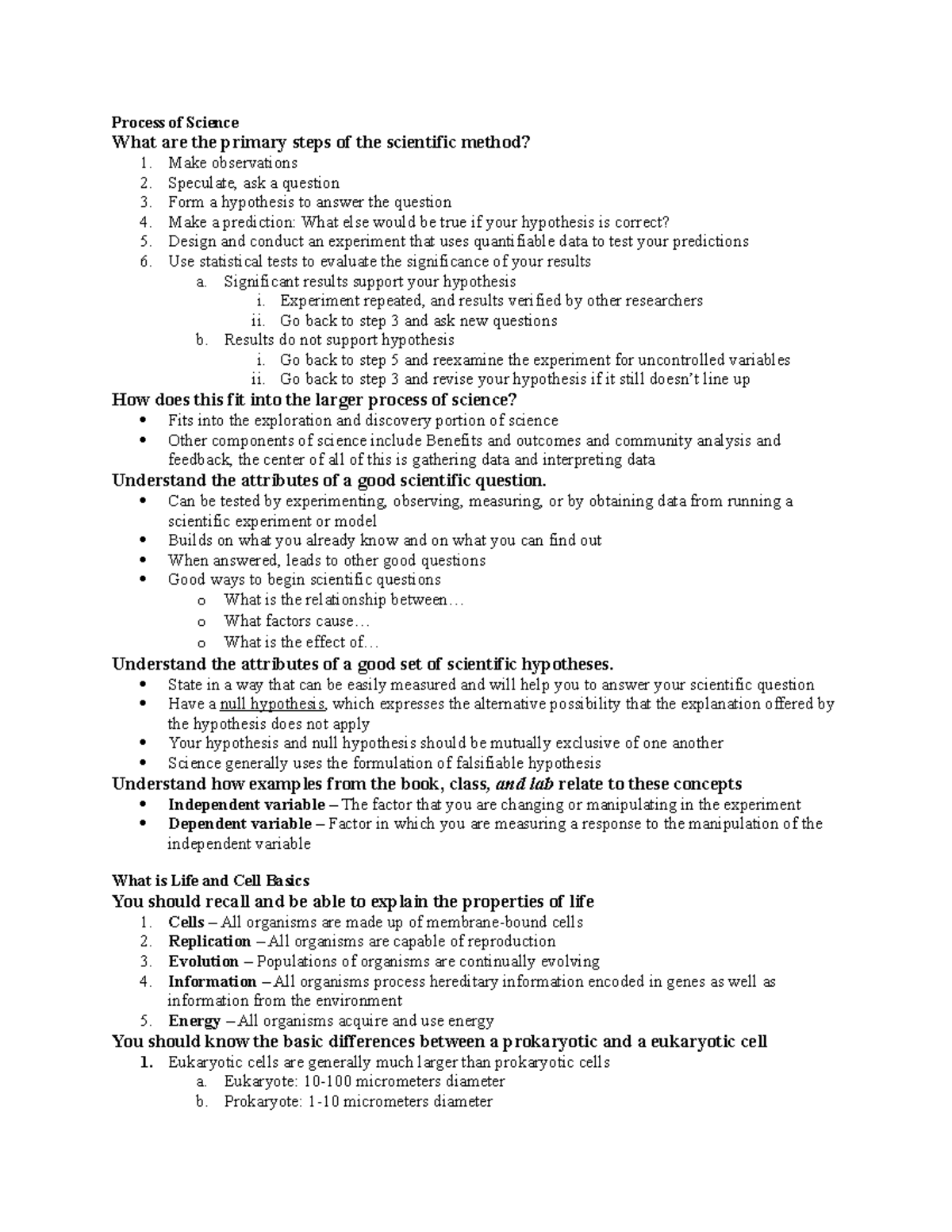 Exam 1 Study Guide Summary Biological Science Process of Science