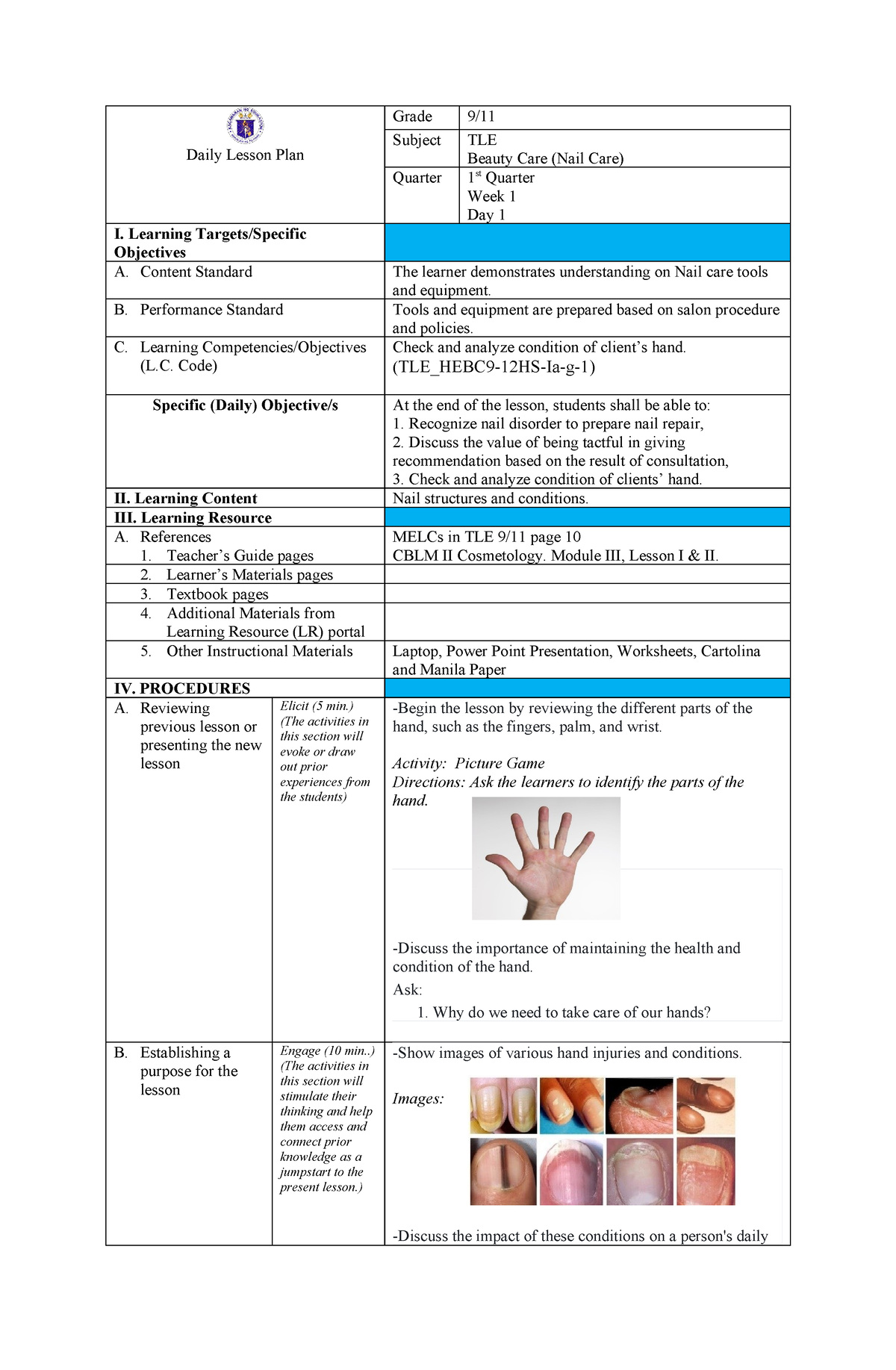 Beauty-Care-Nail-Care 9-11 Week-1-Day-1 - Daily Lesson Plan Grade 9 ...