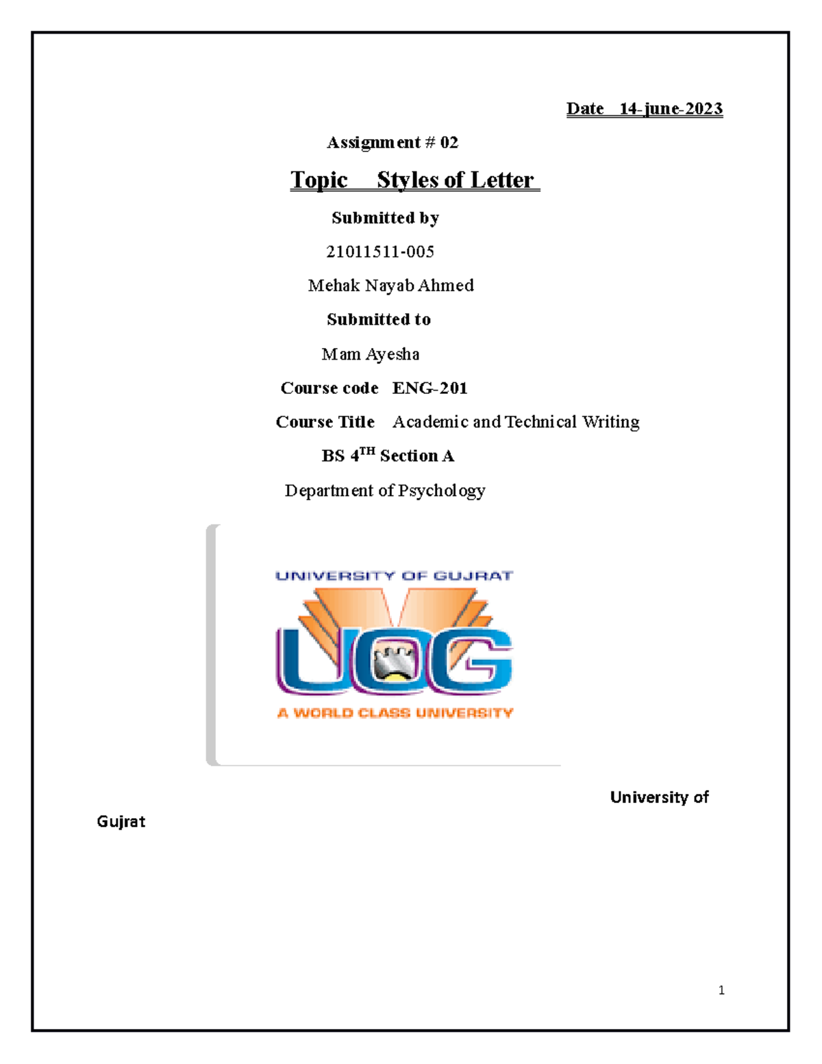 Ass eng - Date 14-june- Assignment # 02 Topic Styles of Letter ...