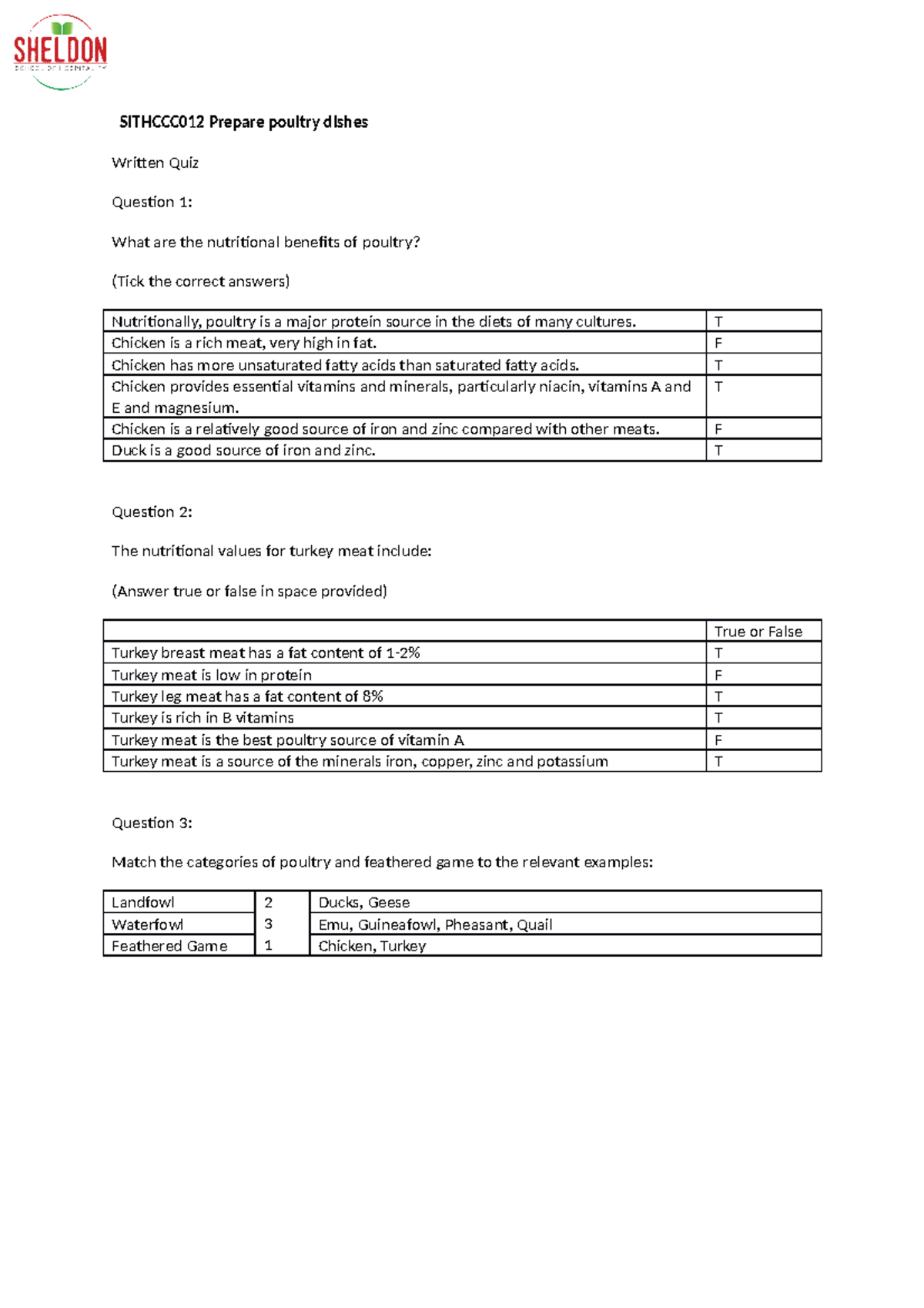 Sithccc 012 Prepare poultry dishes Written Quiz SITHCCC012 Prepare