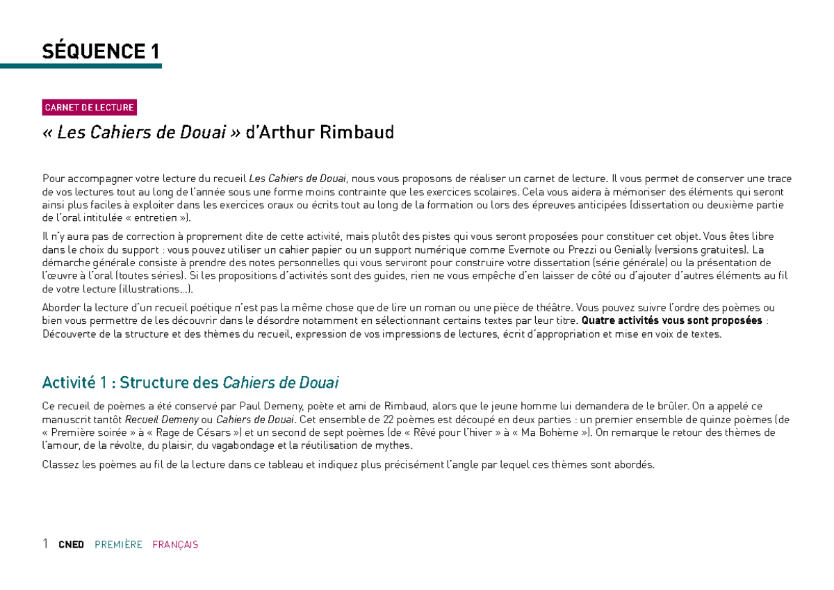 7FR16TE0123 Carnet de lecture - SÉQUENCE 1 CARNET DE LECTURE « Les