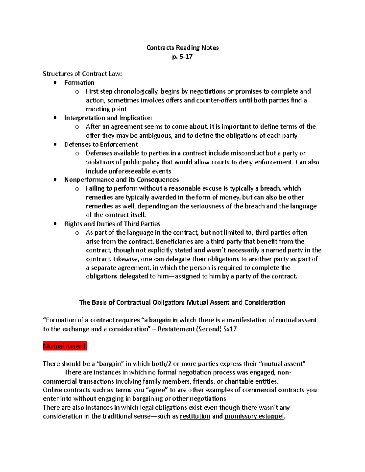 Contracts Readings notes - Contracts Reading Notes p. 5- Structures of ...