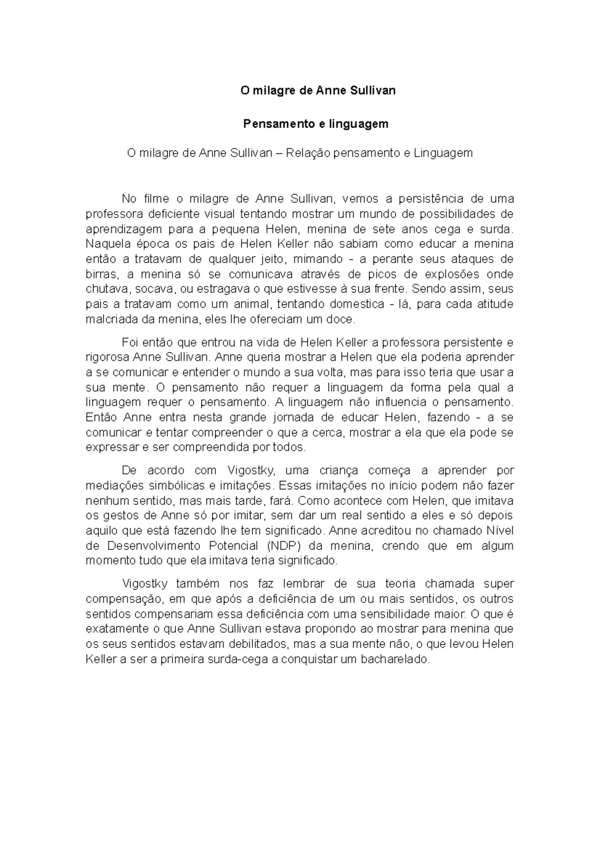 O Milagre De Anne Pensamento E Linguagem Processos Psicologicos Studocu