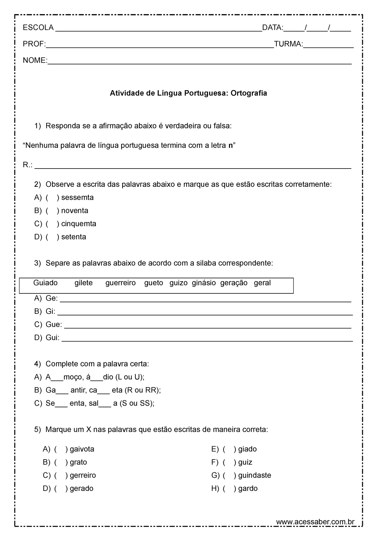 Atividades de Ortografia - 4º ano e 5º ano - Tudo Português