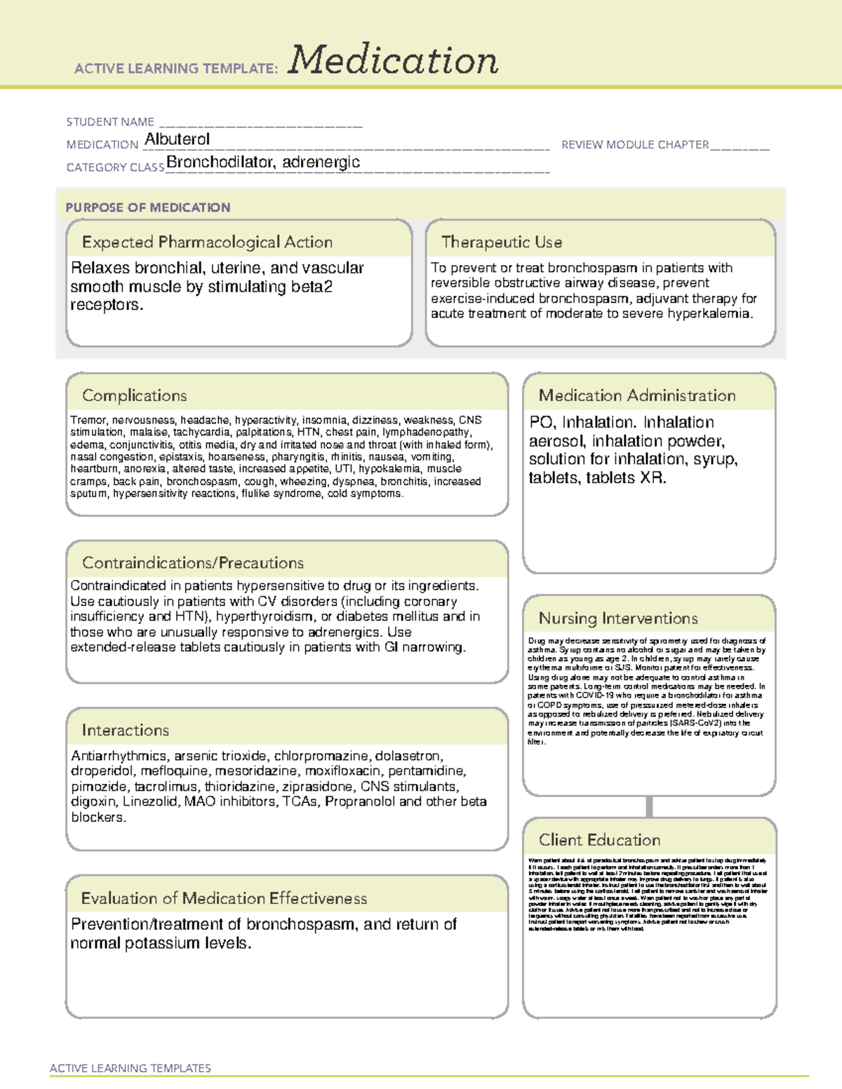 ATI - medication template Albuterol filled in - ACTIVE LEARNING ...