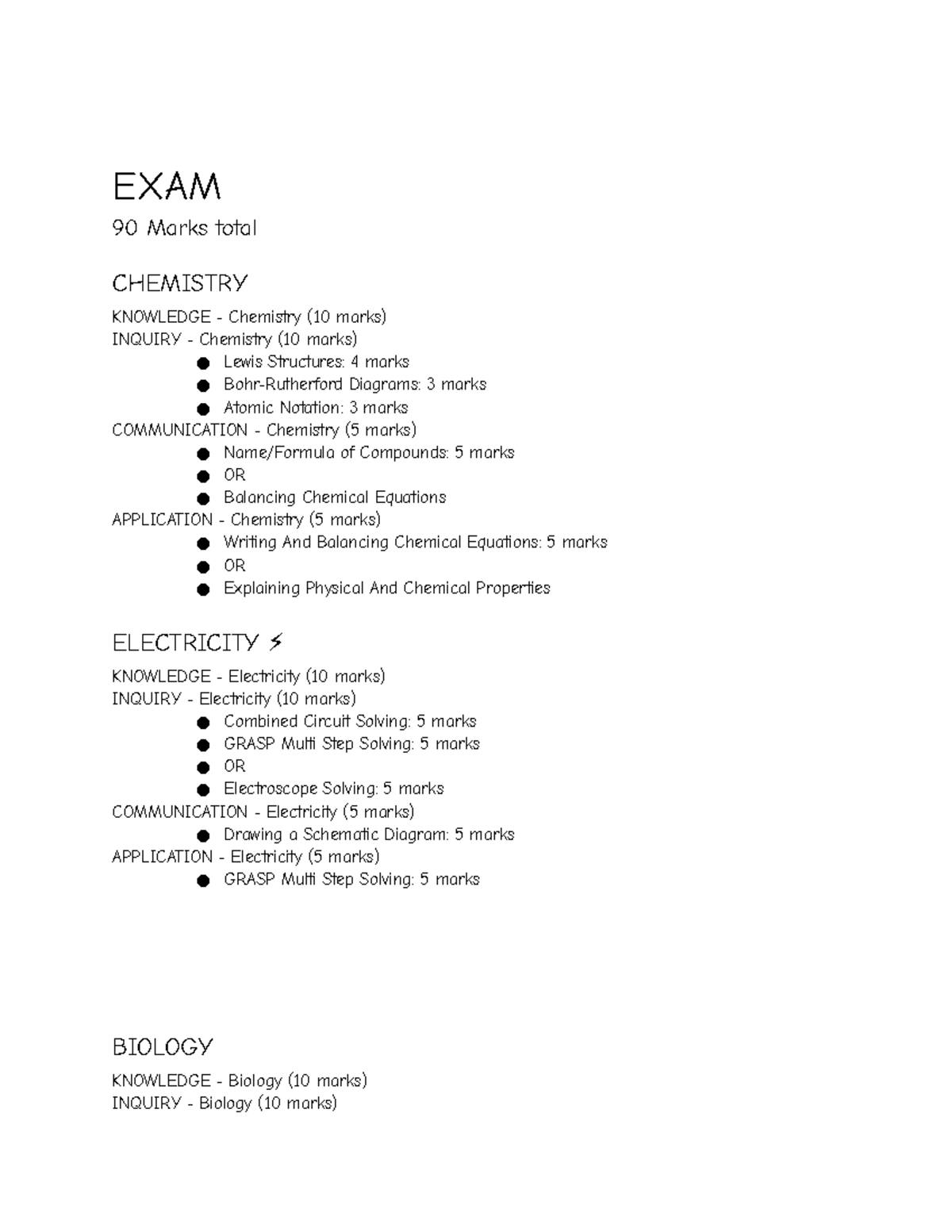 Grade 9 Science Exam Breakdown - EXAM 90 Marks total CHEMISTRY ...