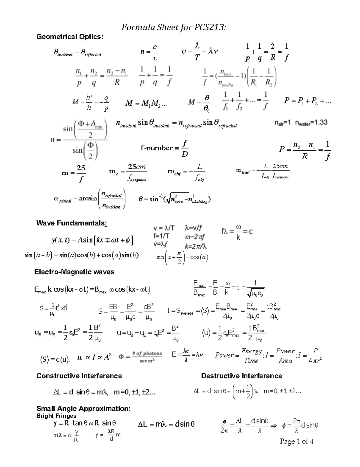 Formula Sheet for PCS213 - Formula Sheet for PCS213: Geometrical Optics ...