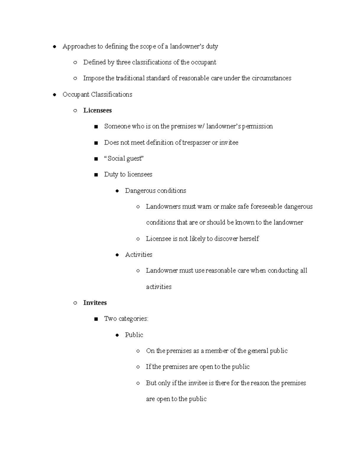 Torts Duties to Occupants Approaches to defining the scope of a
