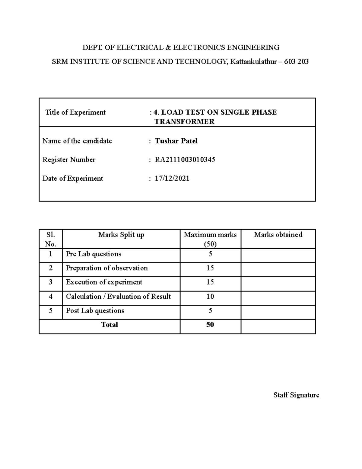 LOAD TEST ON Single Phase - DEPT. OF ELECTRICAL & ELECTRONICS ...