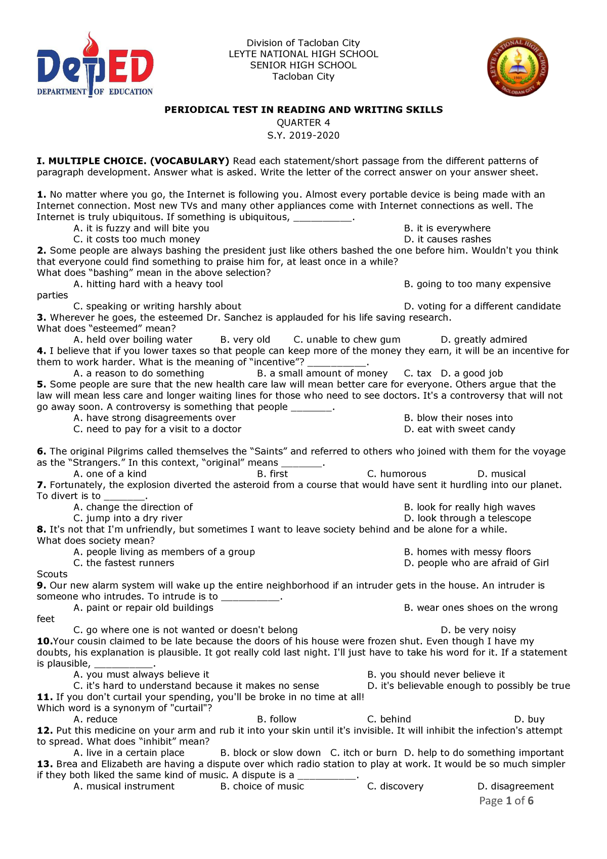 Sample questionnaire Periodical Exam in Reading and Writing Skills