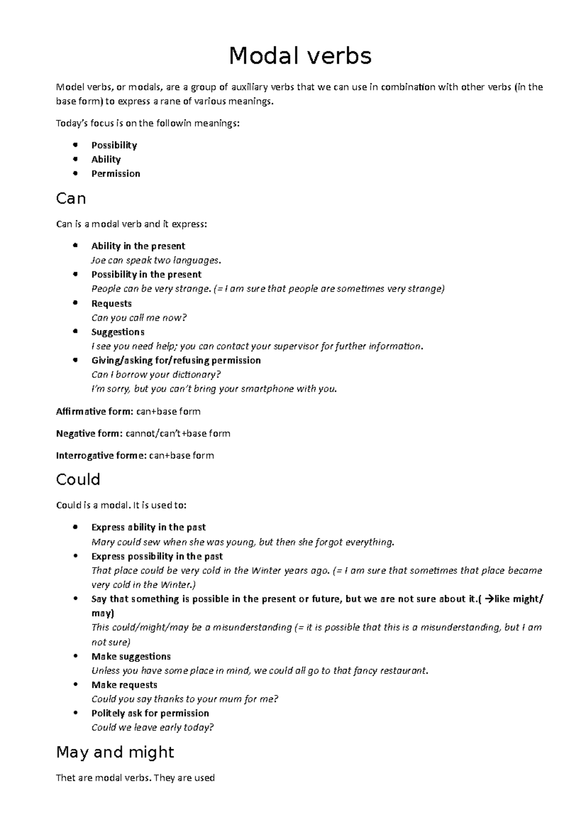 Lezione 5-verbi modali-2020 - Modal verbs Model verbs, or modals, are a ...