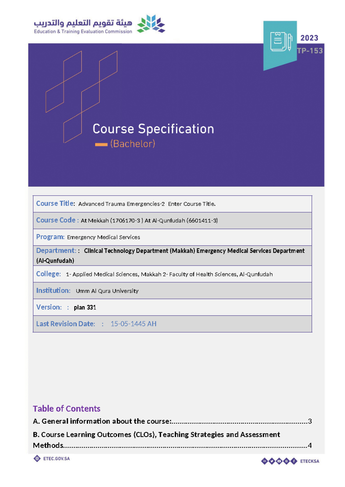 TP-153 New Course Specifications-Eng - EMS - ATLS2 - Course Title ...