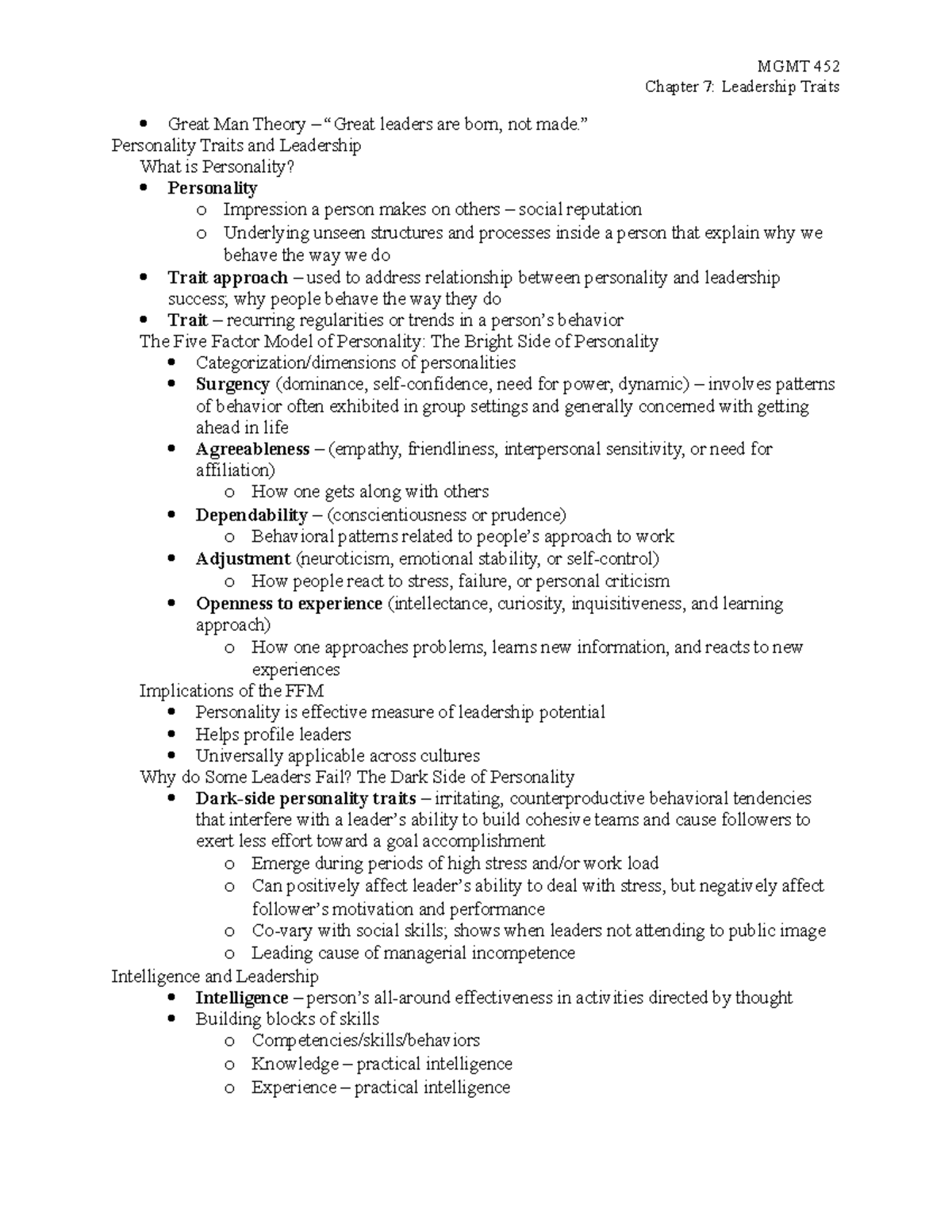 Chapter 7 - MGMT 452 Chapter 7: Leadership Traits Great Man Theory ...