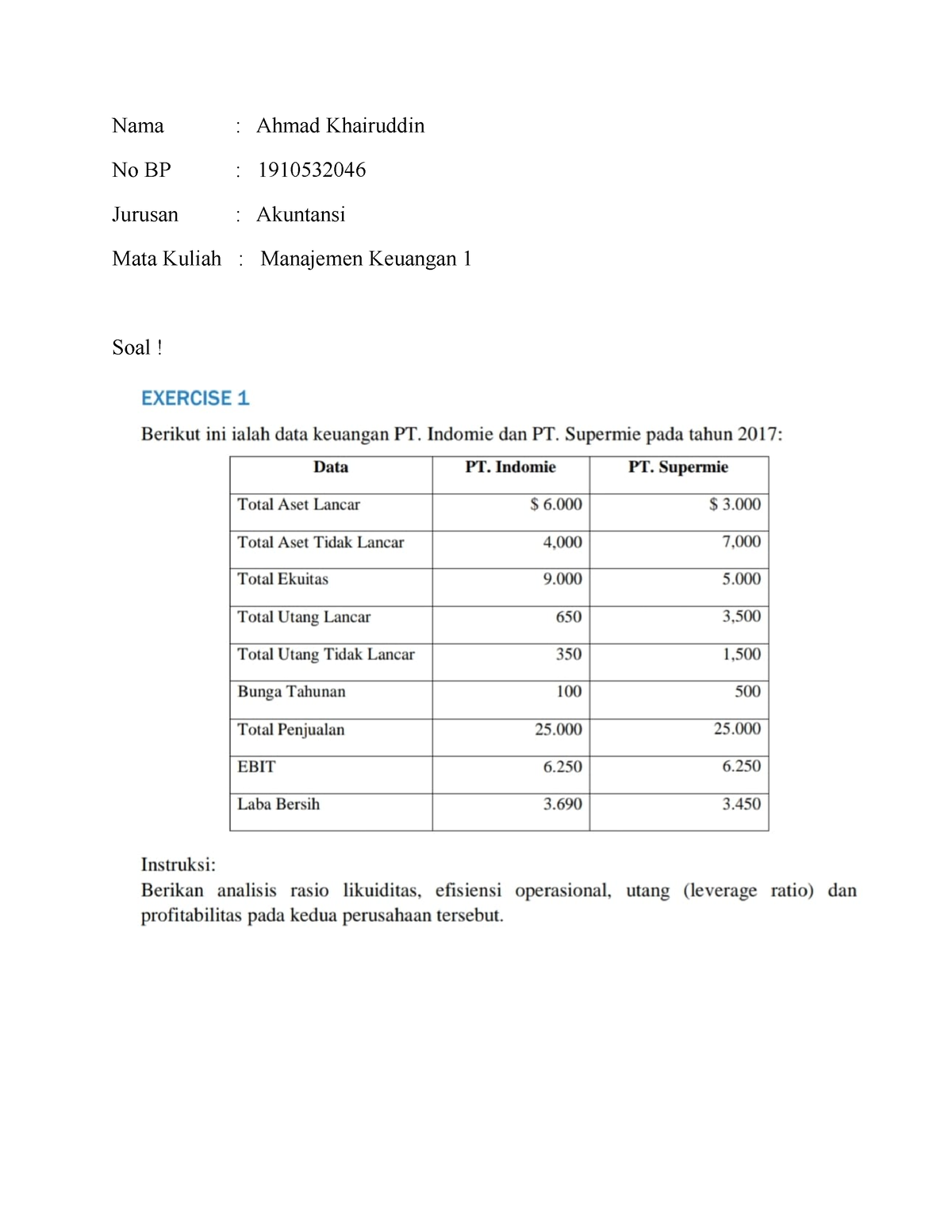 Tugas Manajemen Keuangan Nama Ahmad Khairuddin No Bp