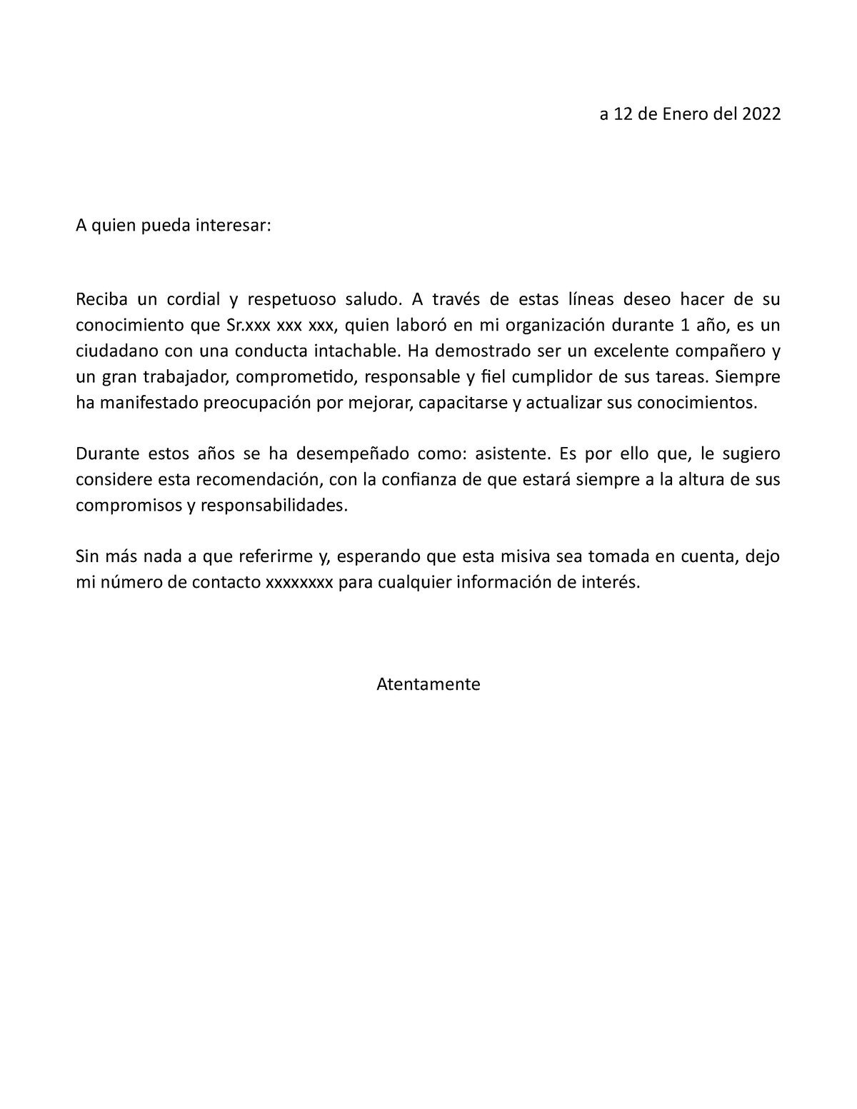 Carta recomendacion para encontrar trabajo - a 12 de Enero del 2022 A ...