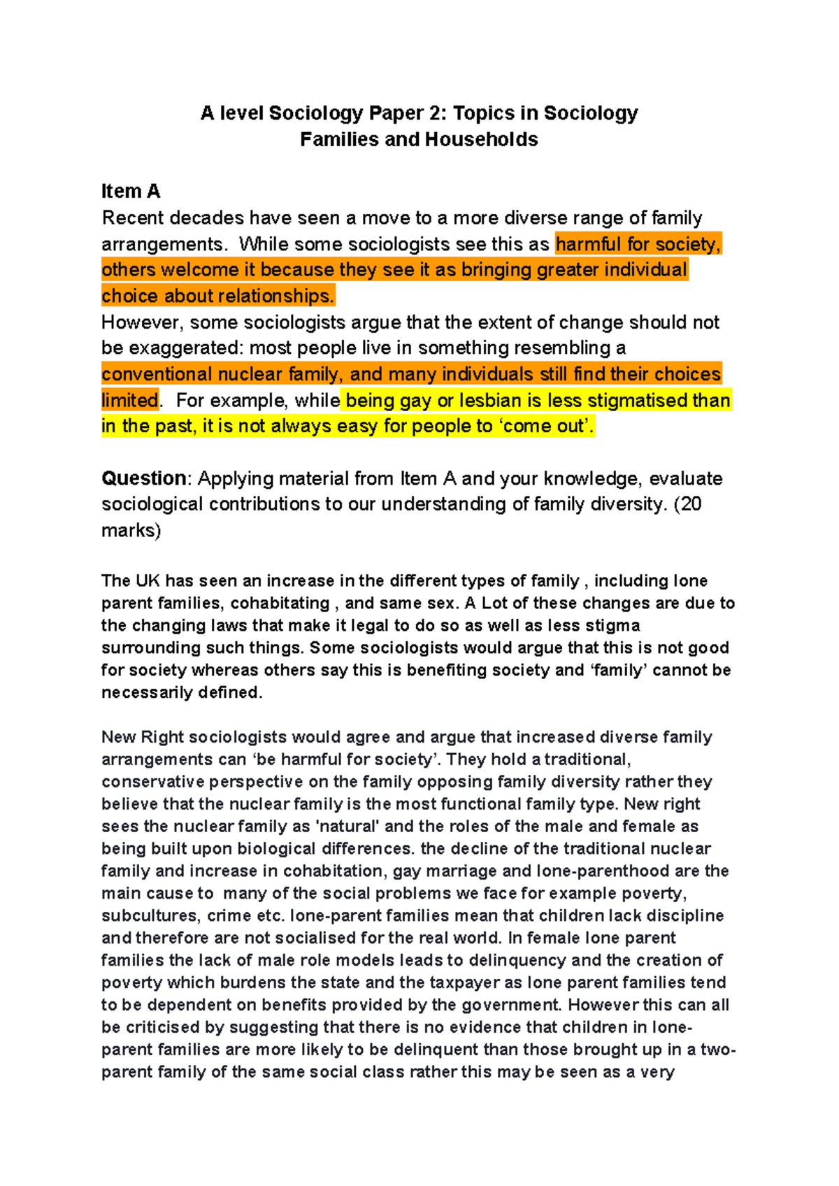 Copy of 20 mark question on families - A level Sociology Paper 2 ...