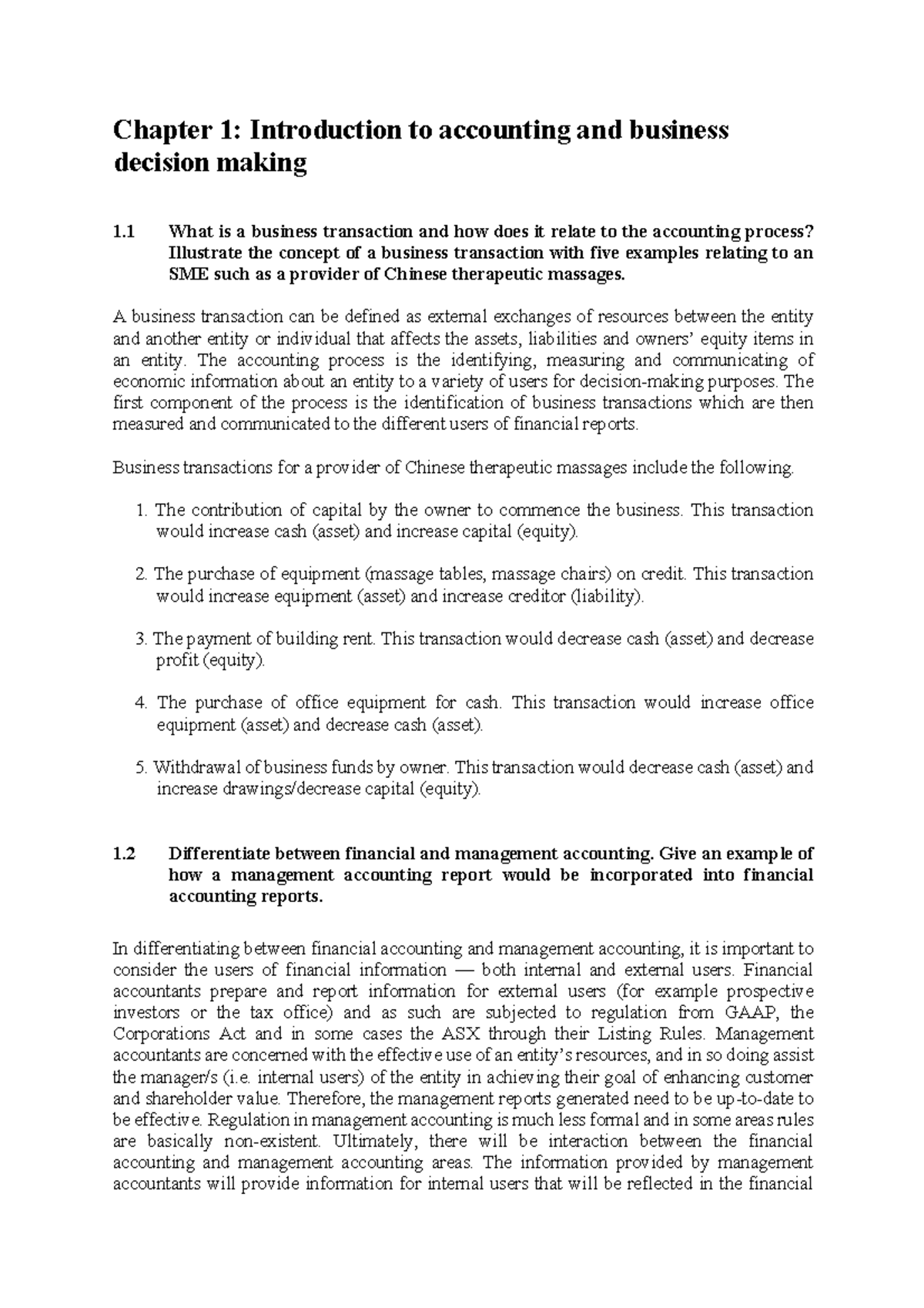 Live online 1 answer - Chapter 1: Introduction to accounting and ...