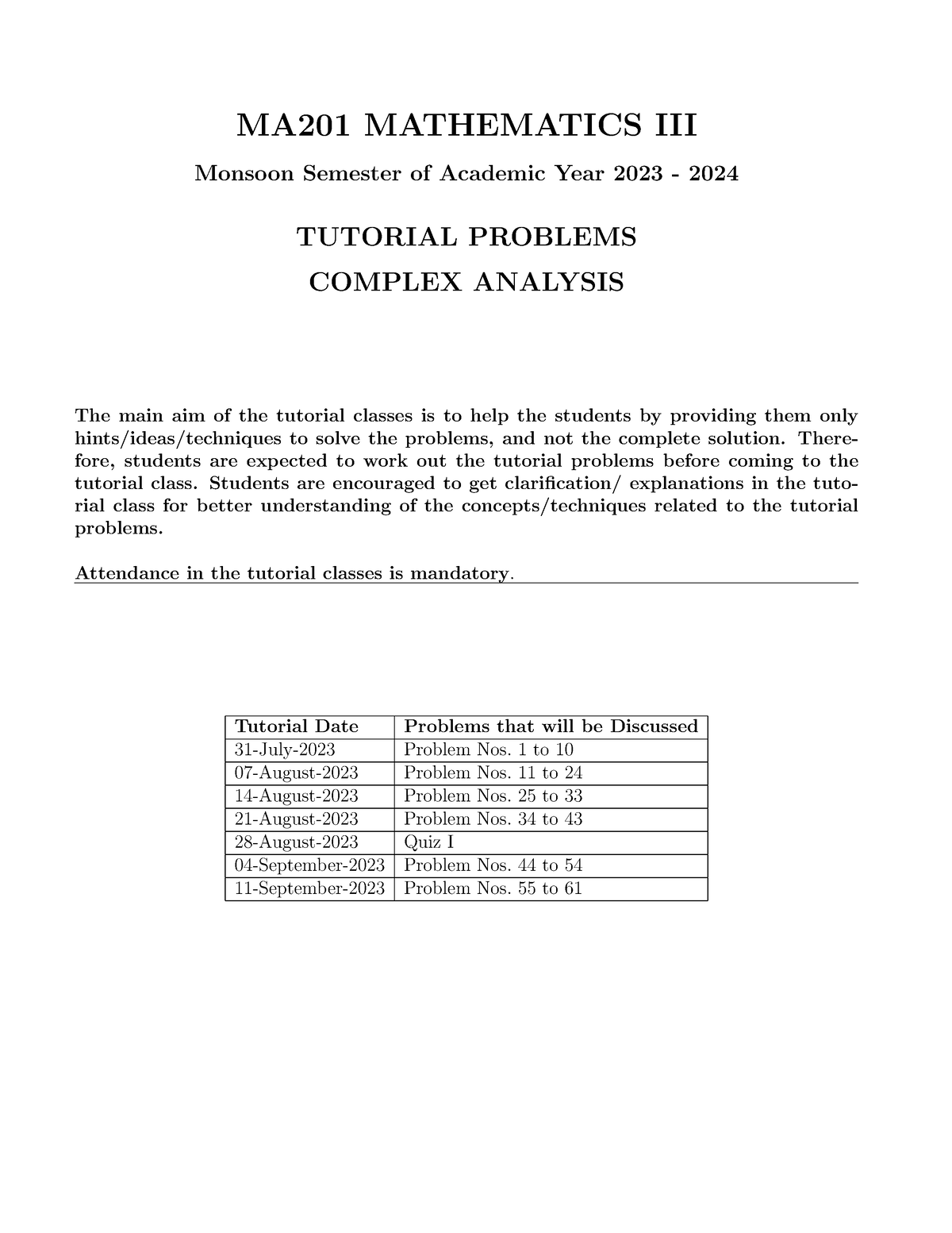 CA Tutorialproblems 2023 - MA201 MATHEMATICS III Monsoon Semester Of ...