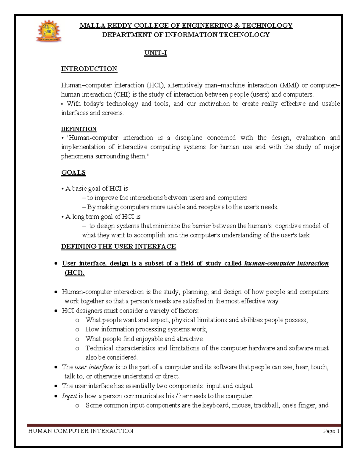 HCI Notes - hci - DEPARTMENT OF INFORMATION TECHNOLOGY UNIT-I ...