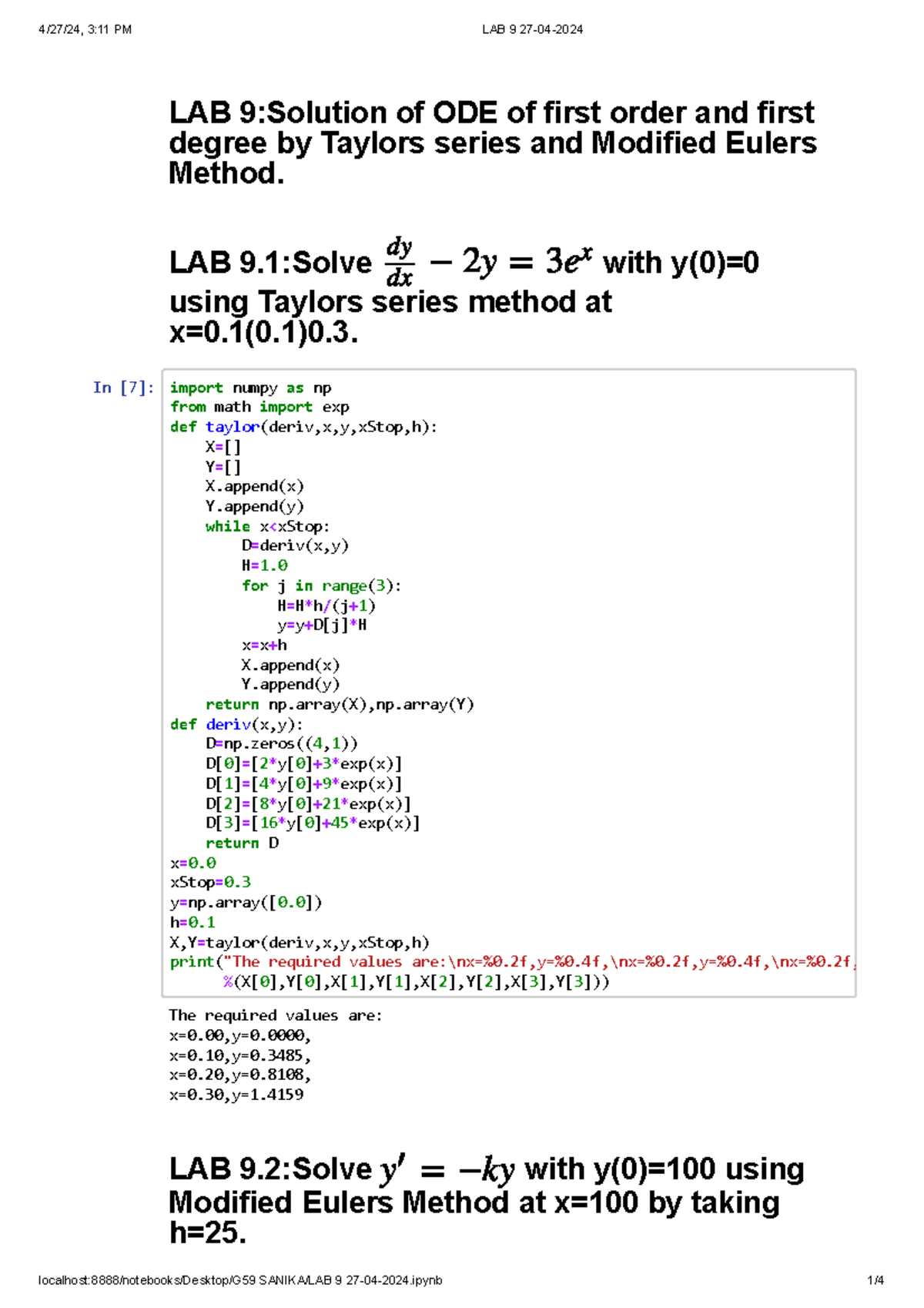 LAB 9 - PYTHON PROGRAMMING - LAB 9:Solution of ODE of first order and ...