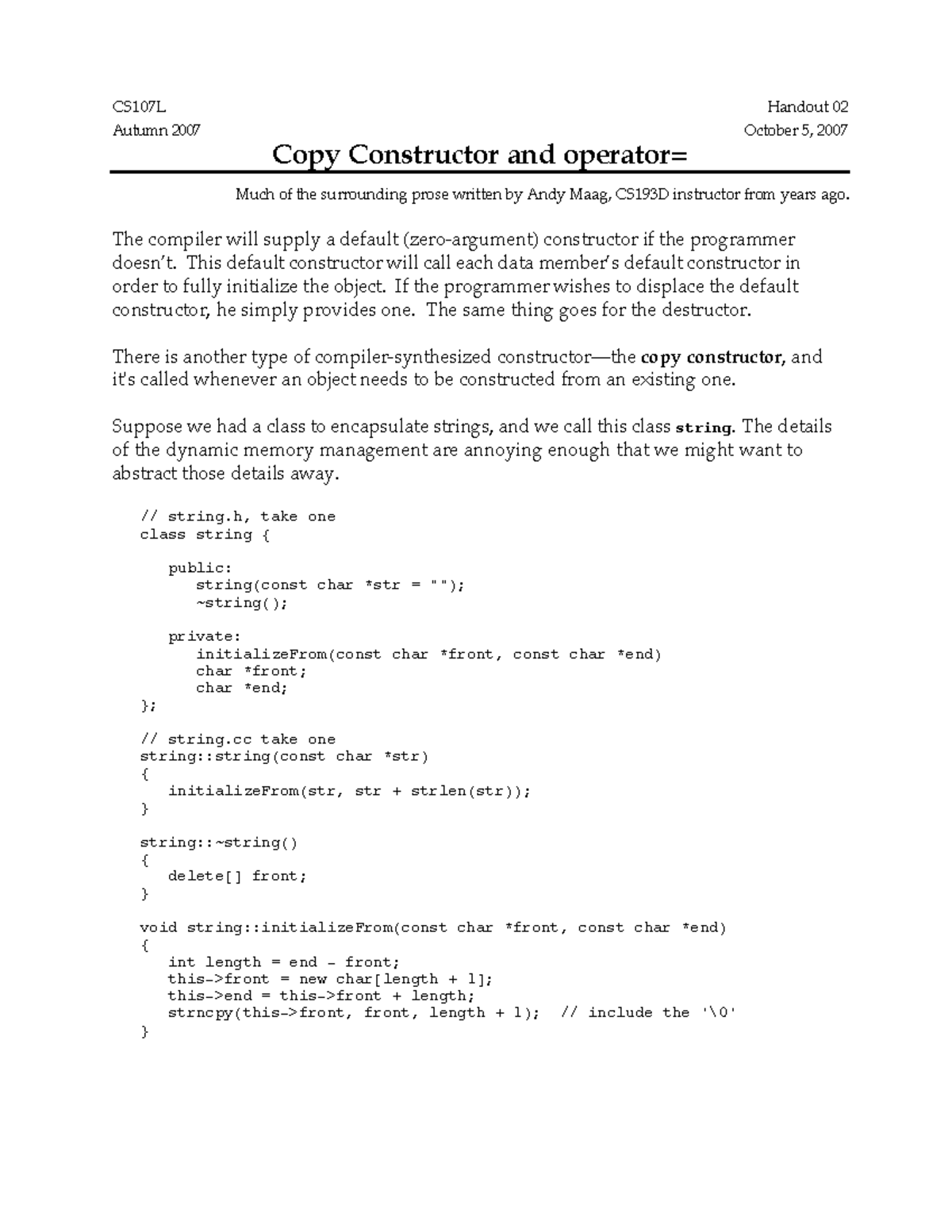 02-Copy-Constructors - CS107L Handout 02 Autumn 2007 October 5, 2007 ...