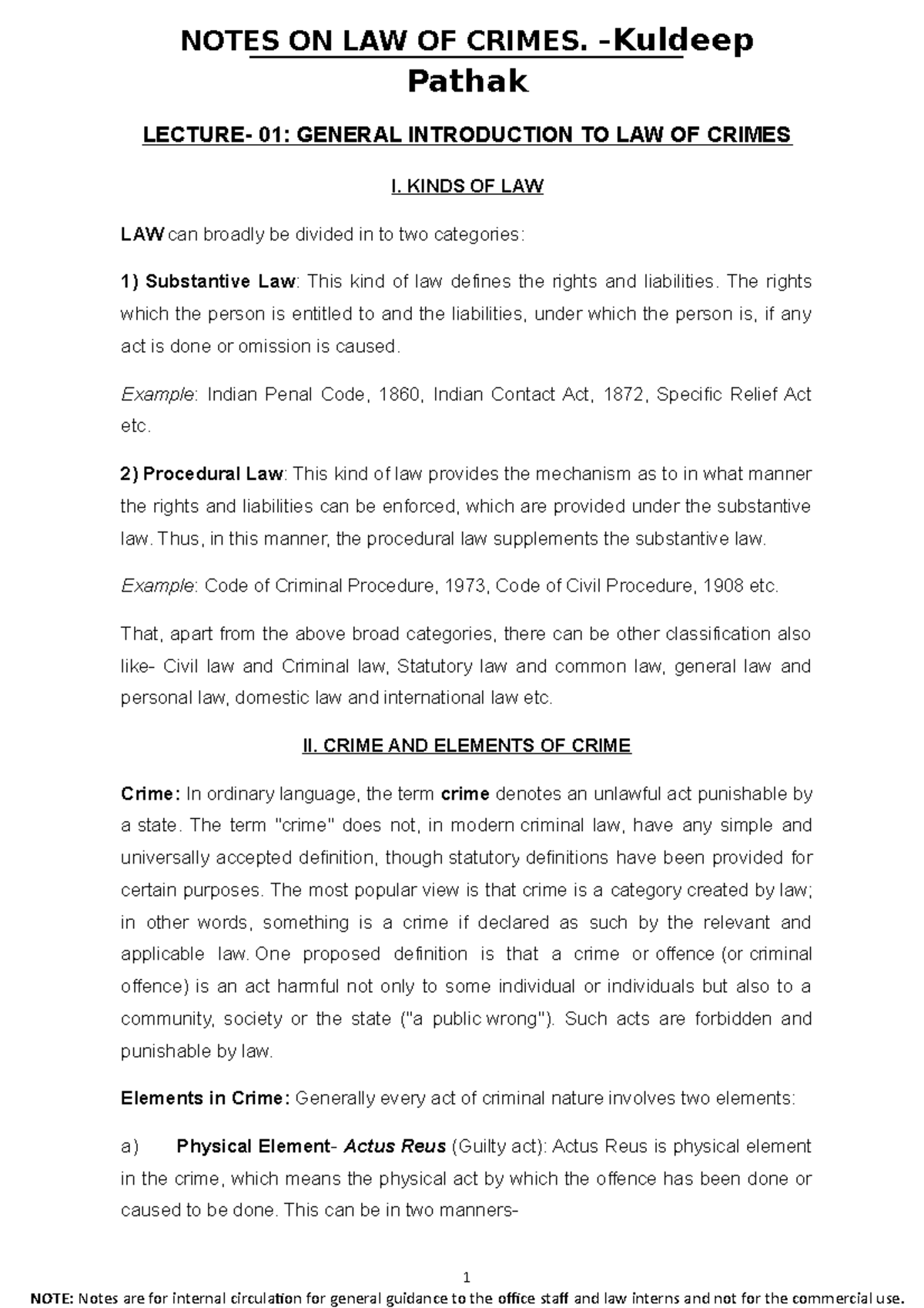 Notes on Law of Crimes - Pathak LECTURE- 01: GENERAL INTRODUCTION TO ...