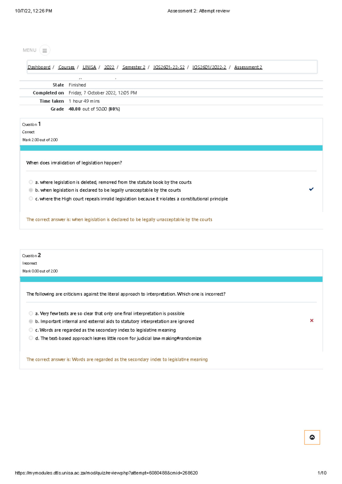 Assessment 2 Attempt review - Started on Friday, 7 October 2022, 10:16 ...