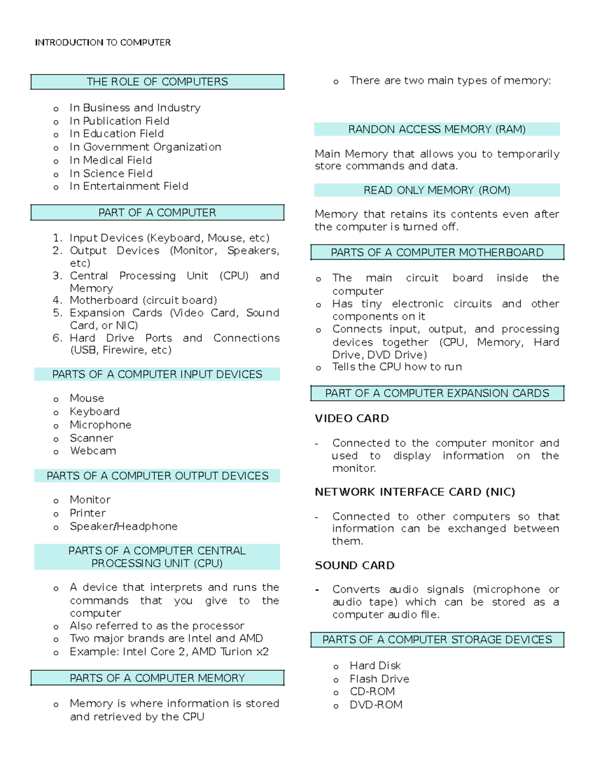 Enggcompsci - First Sem - THE ROLE OF COMPUTERS o In Business and ...