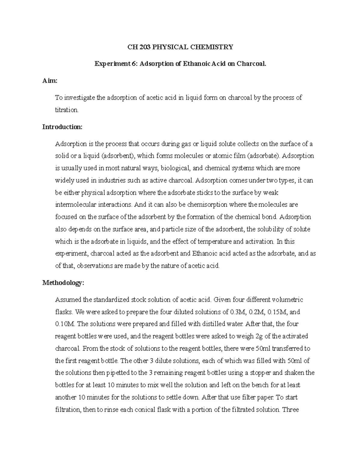 Experiment 6 Adsorption of Ethanoic Acid and Charcoal CH 203