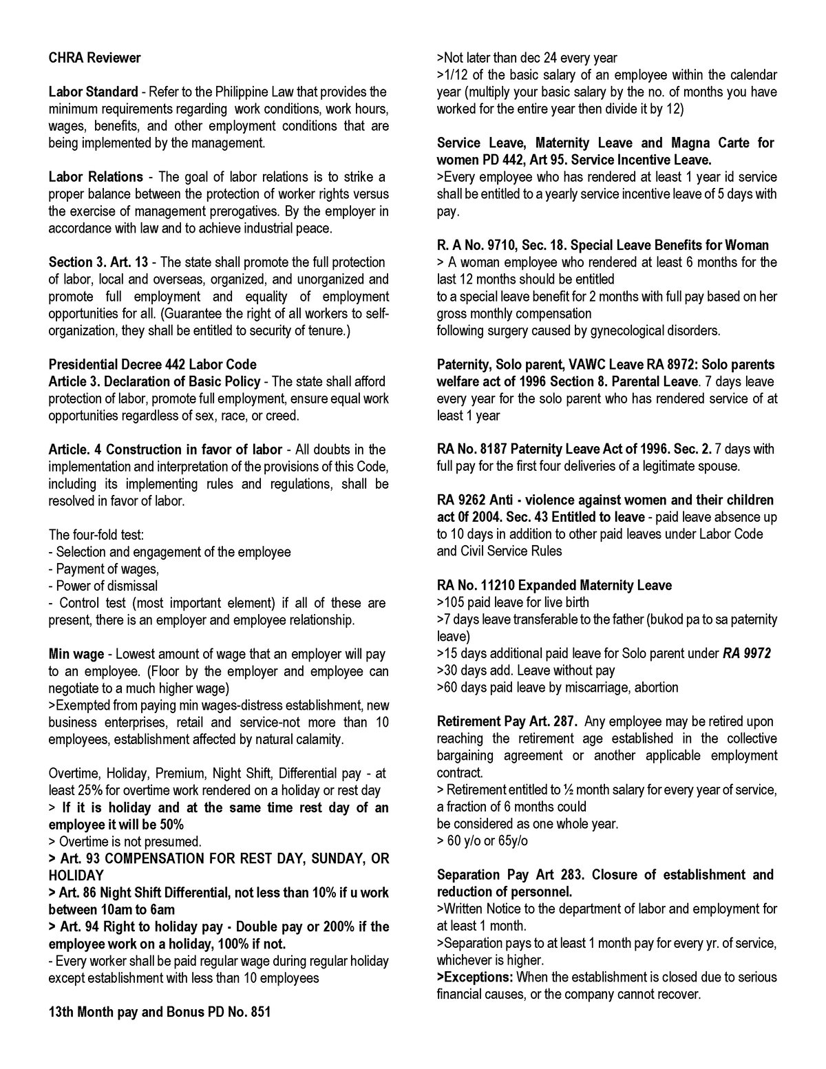 Chra Reviewer Basic 2 Chra Reviewer Labor Standard Refer To The Philippine Law That Provides 7390