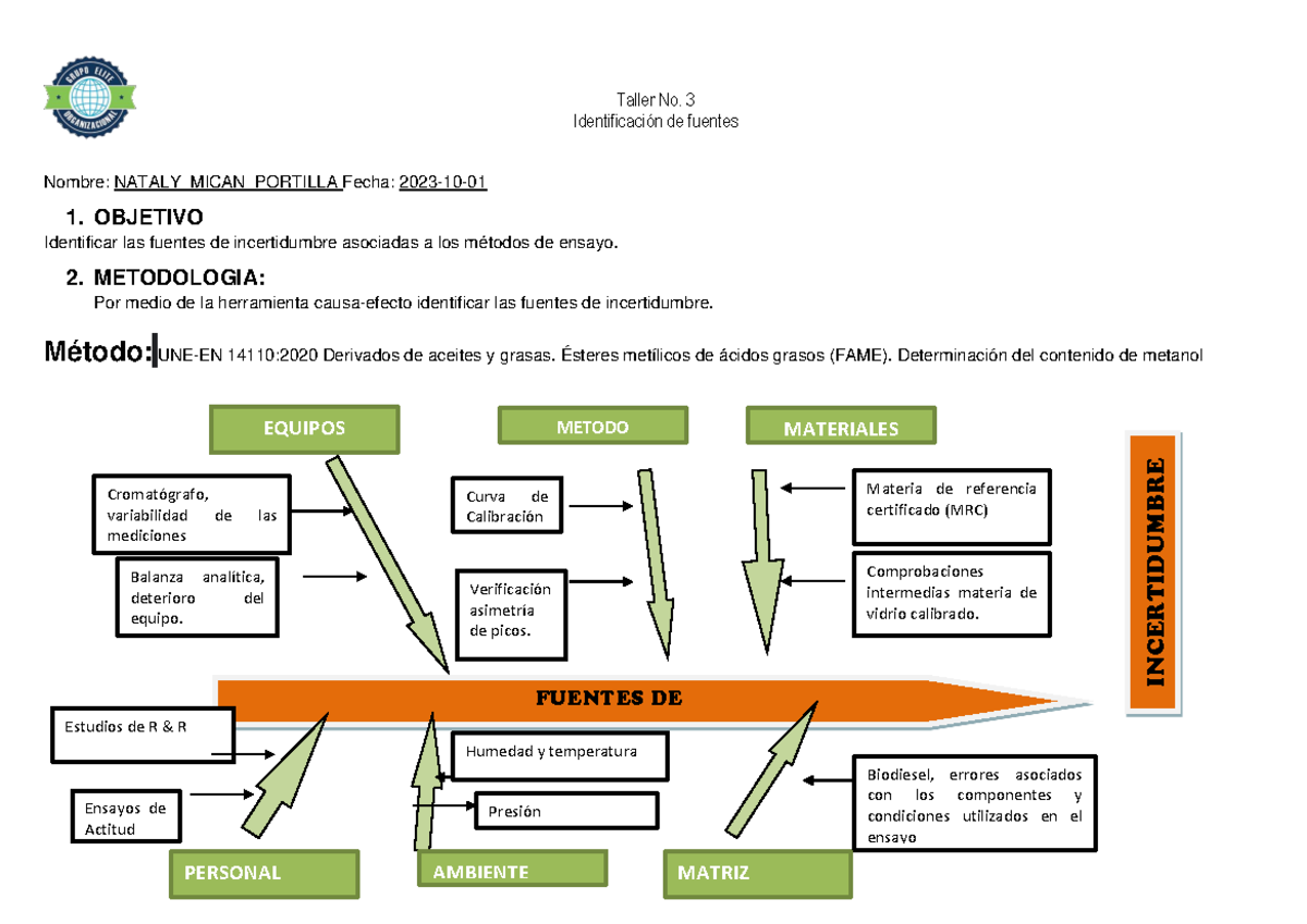 Taller No. 3 Fuentes de Incertidumbre Nataly - Taller No. 3 ...