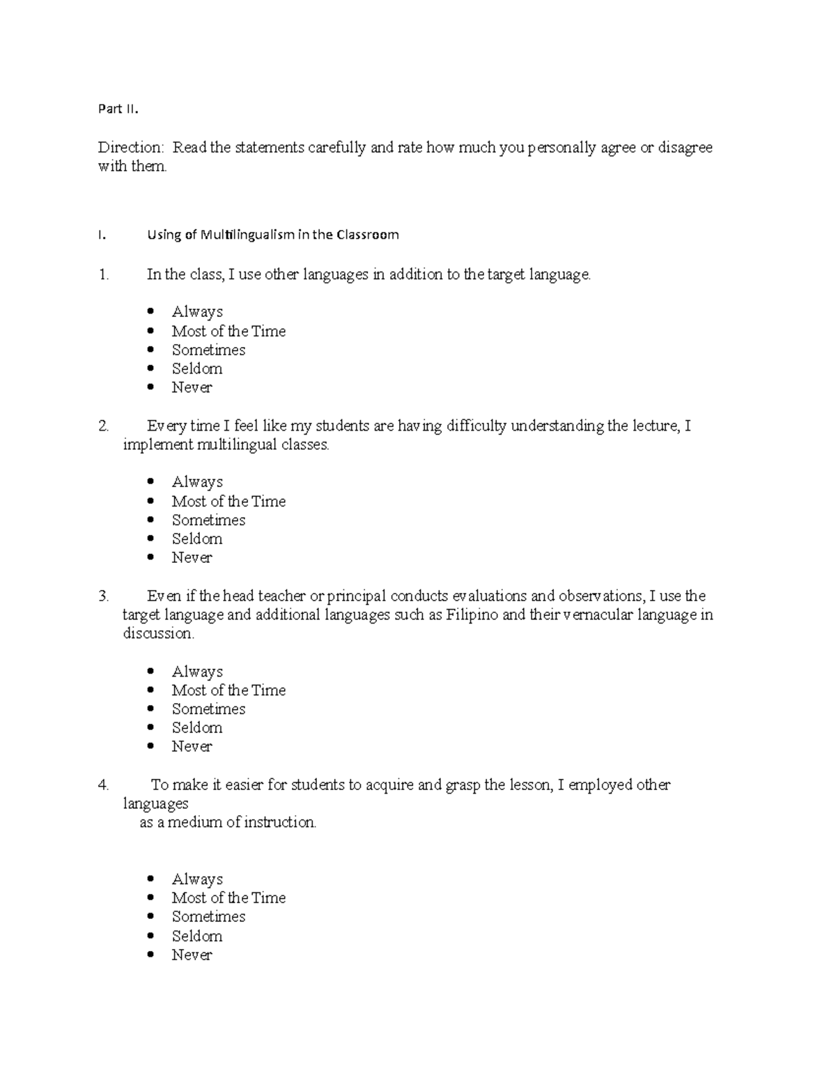 Survey Questionnaire on Multilingualism for Language Teachers in the ...