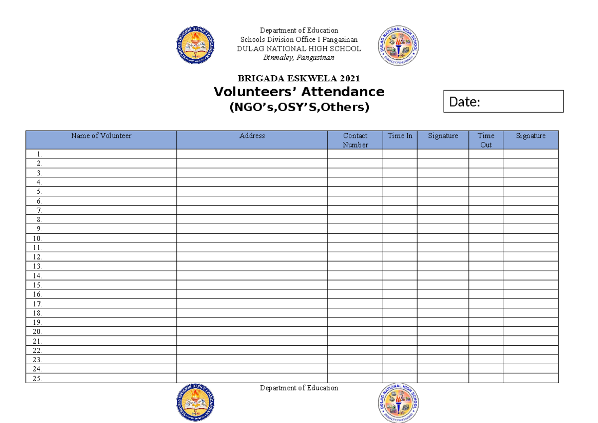 VOLUNTEERS, ATTENDANCE - Department Of Education Schools Division ...