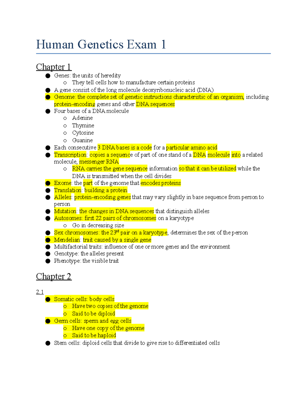 Exam 1 Study Guide - Human Genetics Exam 1 Chapter 1 Genes: The Units ...