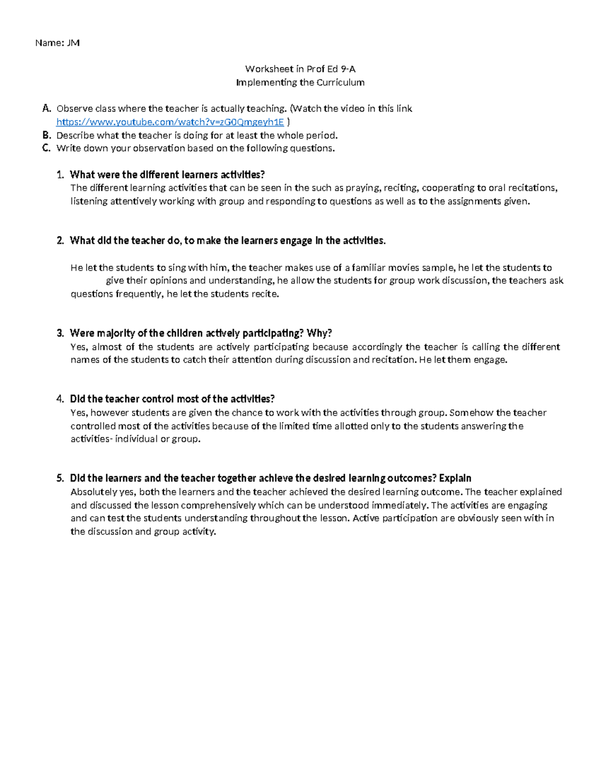 Worksheet in implementing the curriculum - Name: JM Worksheet in Prof ...