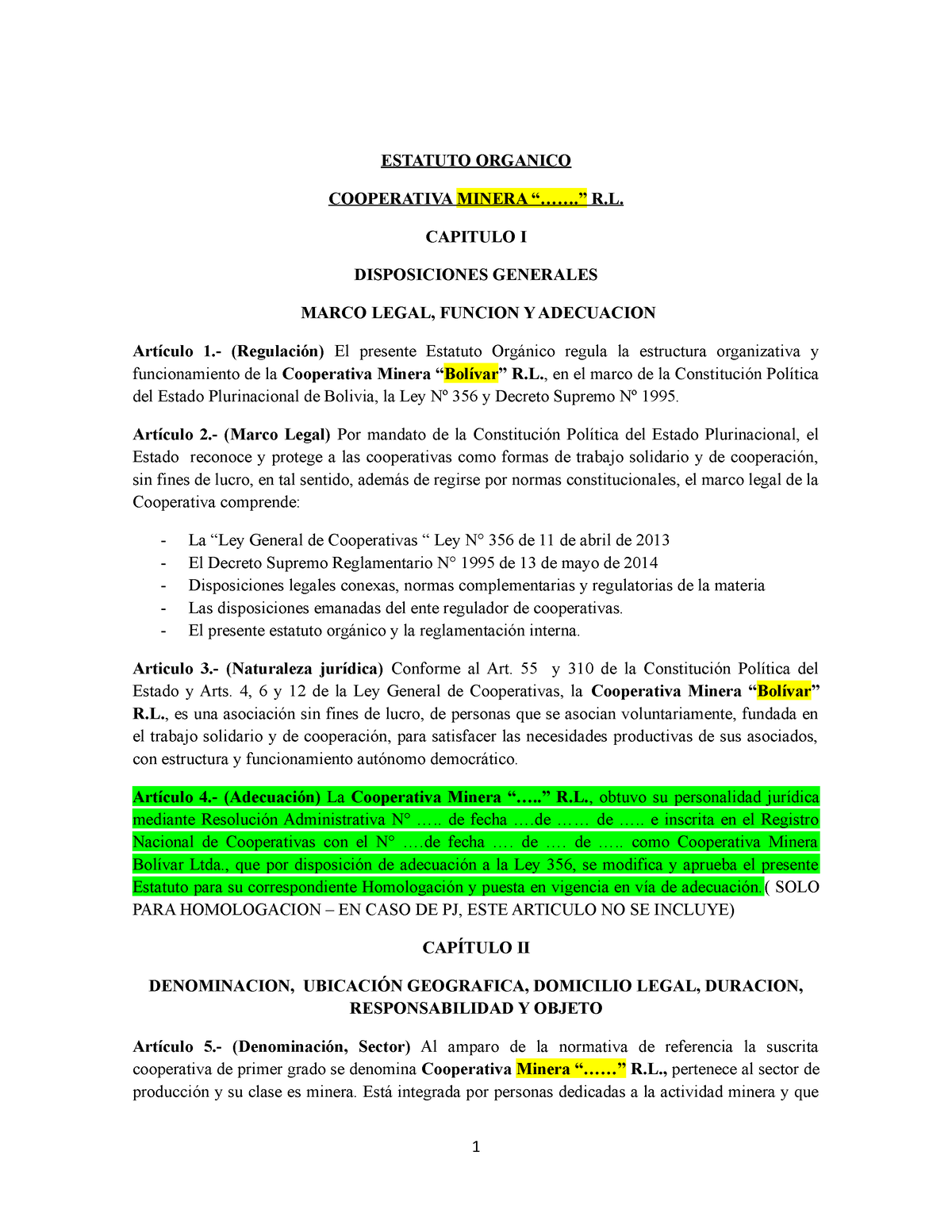 Modelo Estatuto Minera de la Cooperativa .. . - ESTATUTO ORGANICO  COOPERATIVA MINERA “.......” R. - Studocu