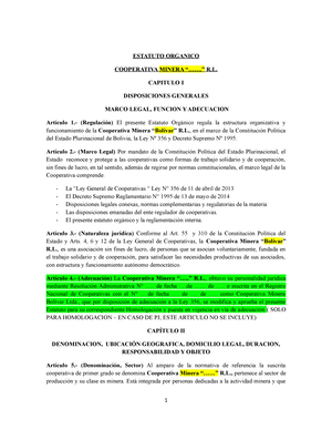 Modelo Estatuto Minera de la Cooperativa .. . - ESTATUTO ORGANICO  COOPERATIVA MINERA “.......” R. - Studocu