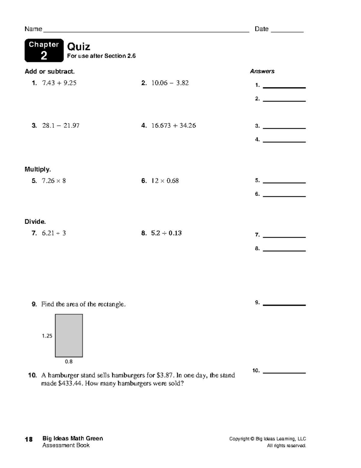 2.4-2.6 Quiz - Ok and - Big Ideas Math Green Copyright © Big Ideas ...