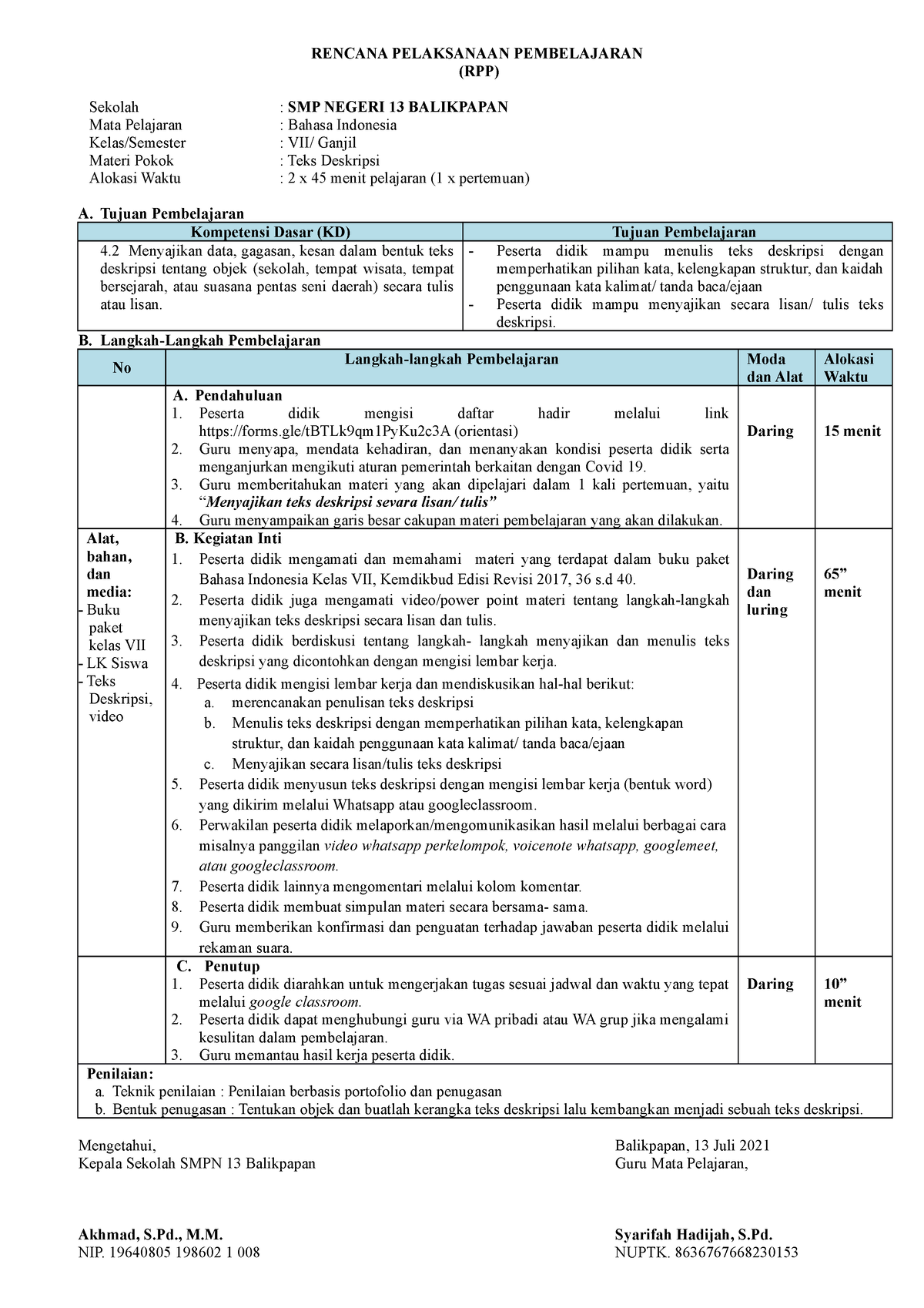 RPP Deskripsi 4 - RPP 1 Lembar - RENCANA PELAKSANAAN PEMBELAJARAN (RPP ...