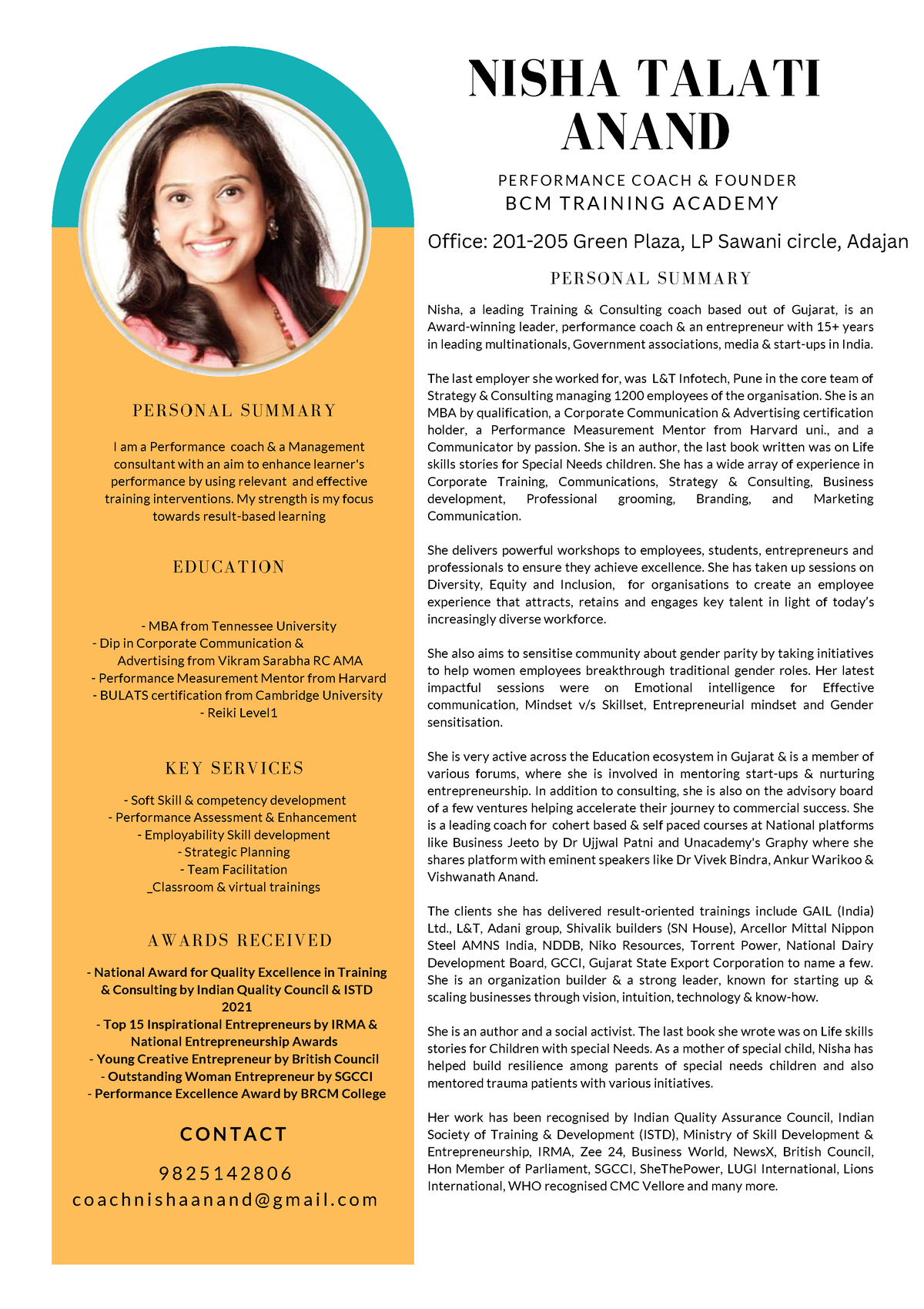 Coach Nisha Anand Profile - NISHA TALATI ANAND P E R F O R M A N C E C ...