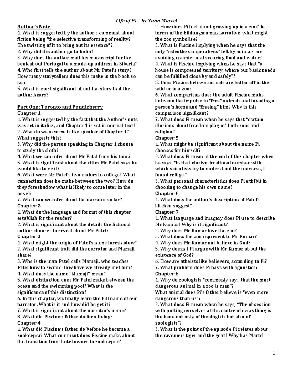 Life of Pi Guided Reading Questions Life of Pi by Yann Martel