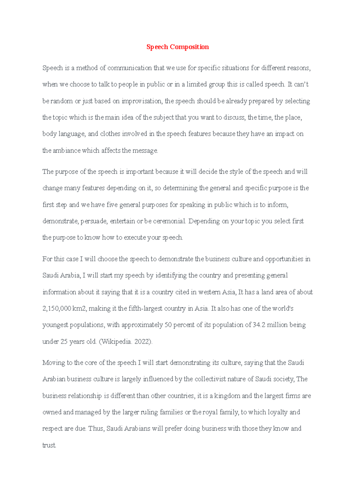 Written Assignment Unit 5 1105 Speech Composition Speech is a method