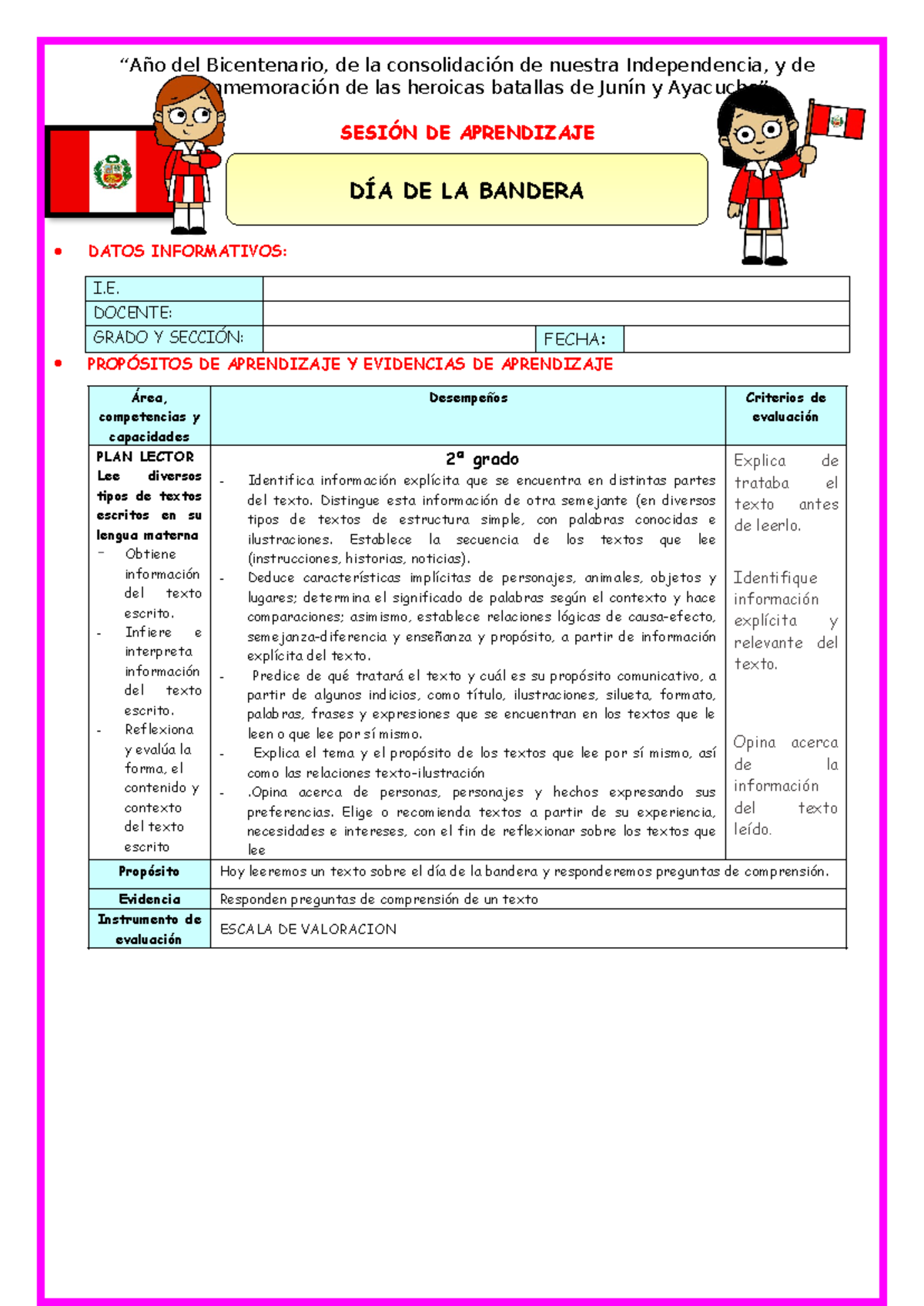 2º U3 S4 Sesion D4 PLAN Lector DIA DE LA Bandera Maestras DE Primaria ...