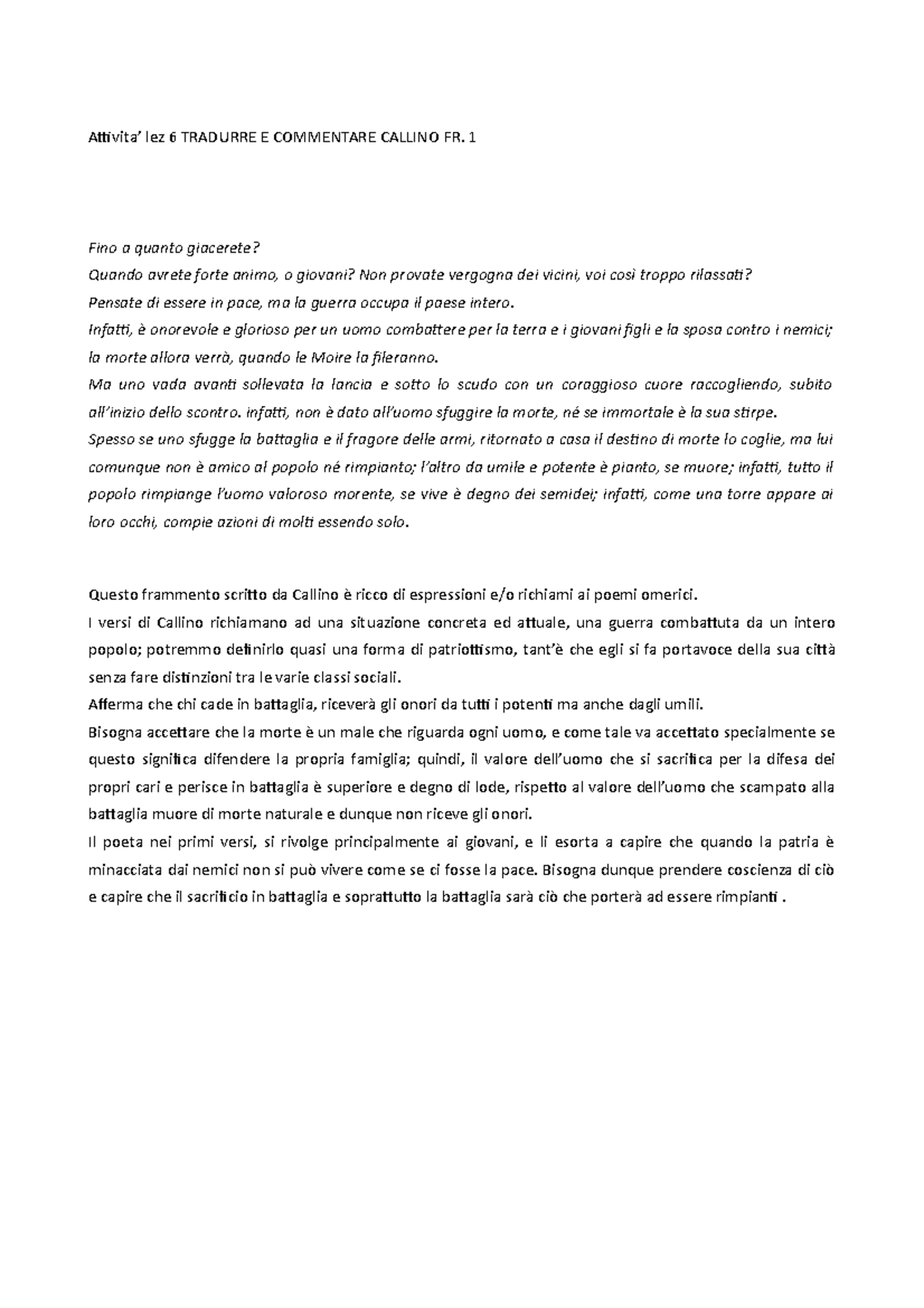 Attivita lez 6 traduzione e commento fr.1 Callino - Attivita’ lez 6 ...
