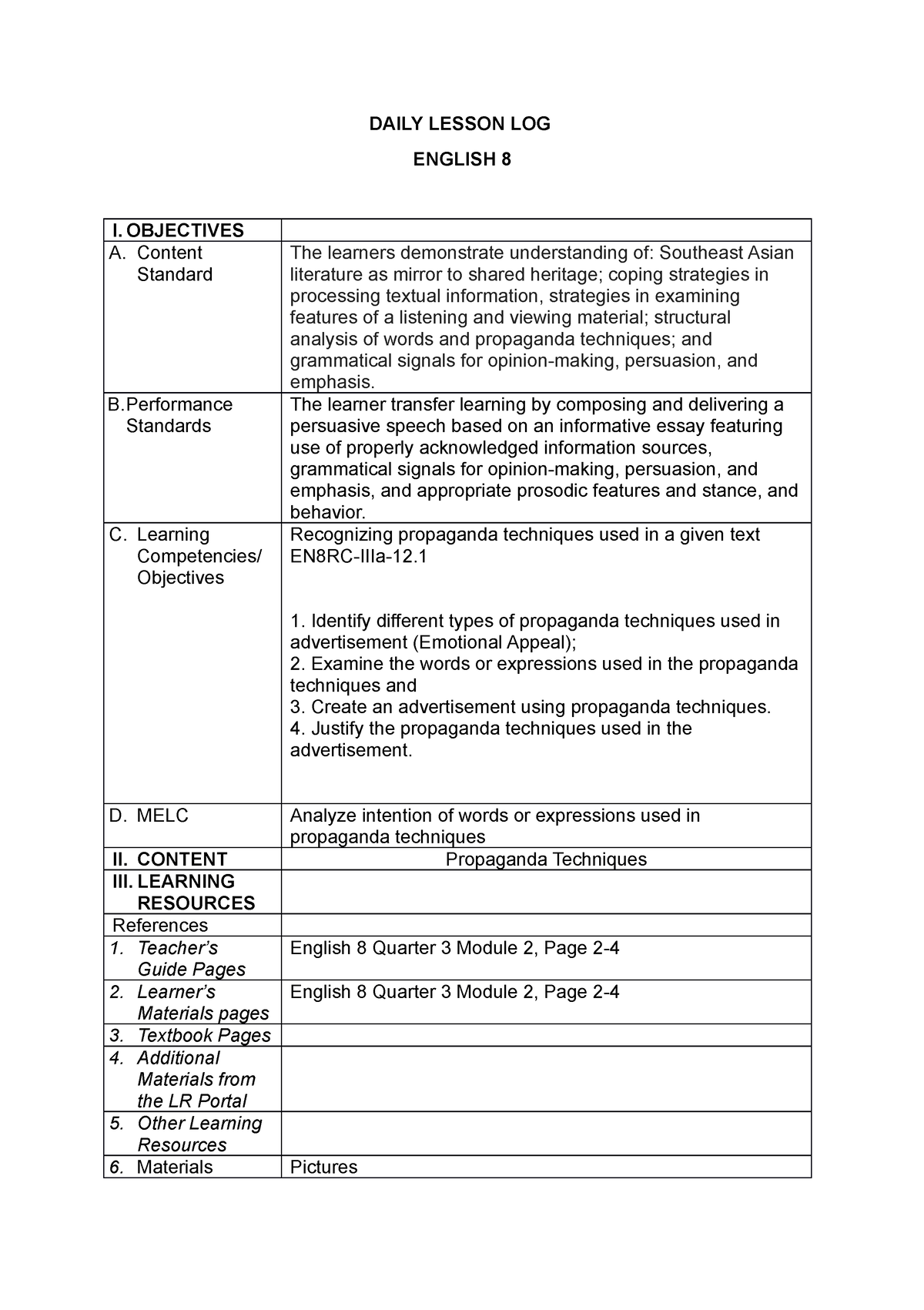 DLL Emotional Appeal - this are sample lesson plans for grade 8 english ...