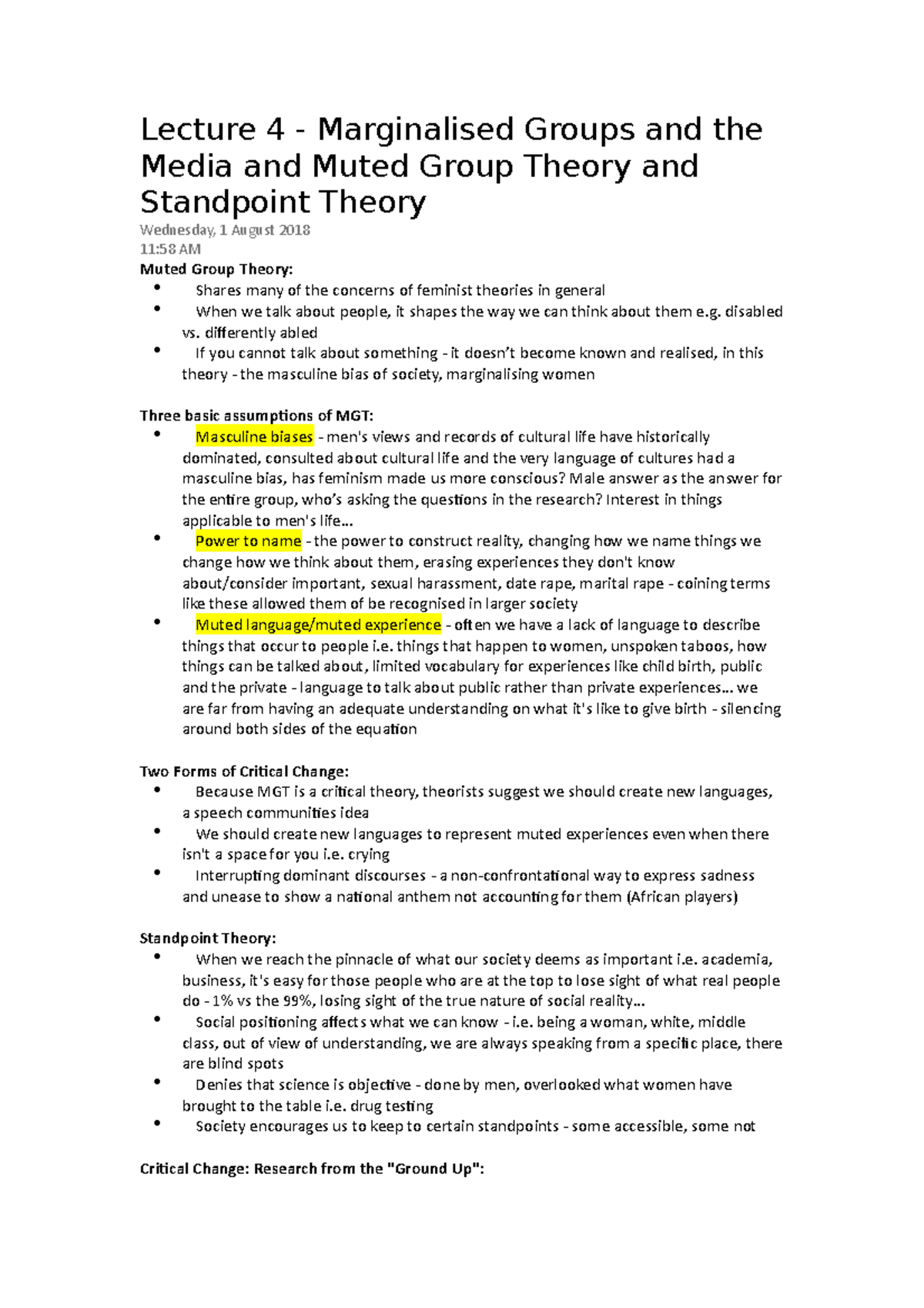 Lecture 4 Marginalised Groups and the Media and Muted Group Theory