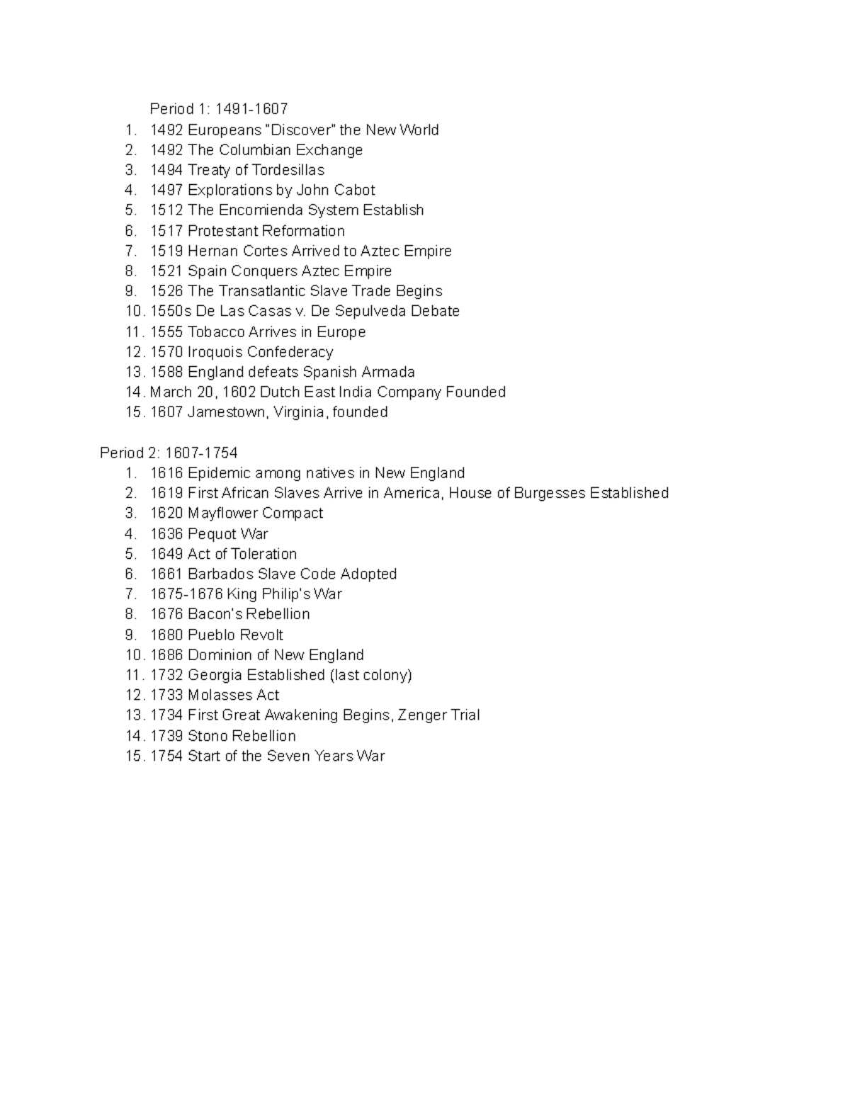 Period 1 And 2 Timeline Outline - Period 1: 1491- 1492 Europeans ...