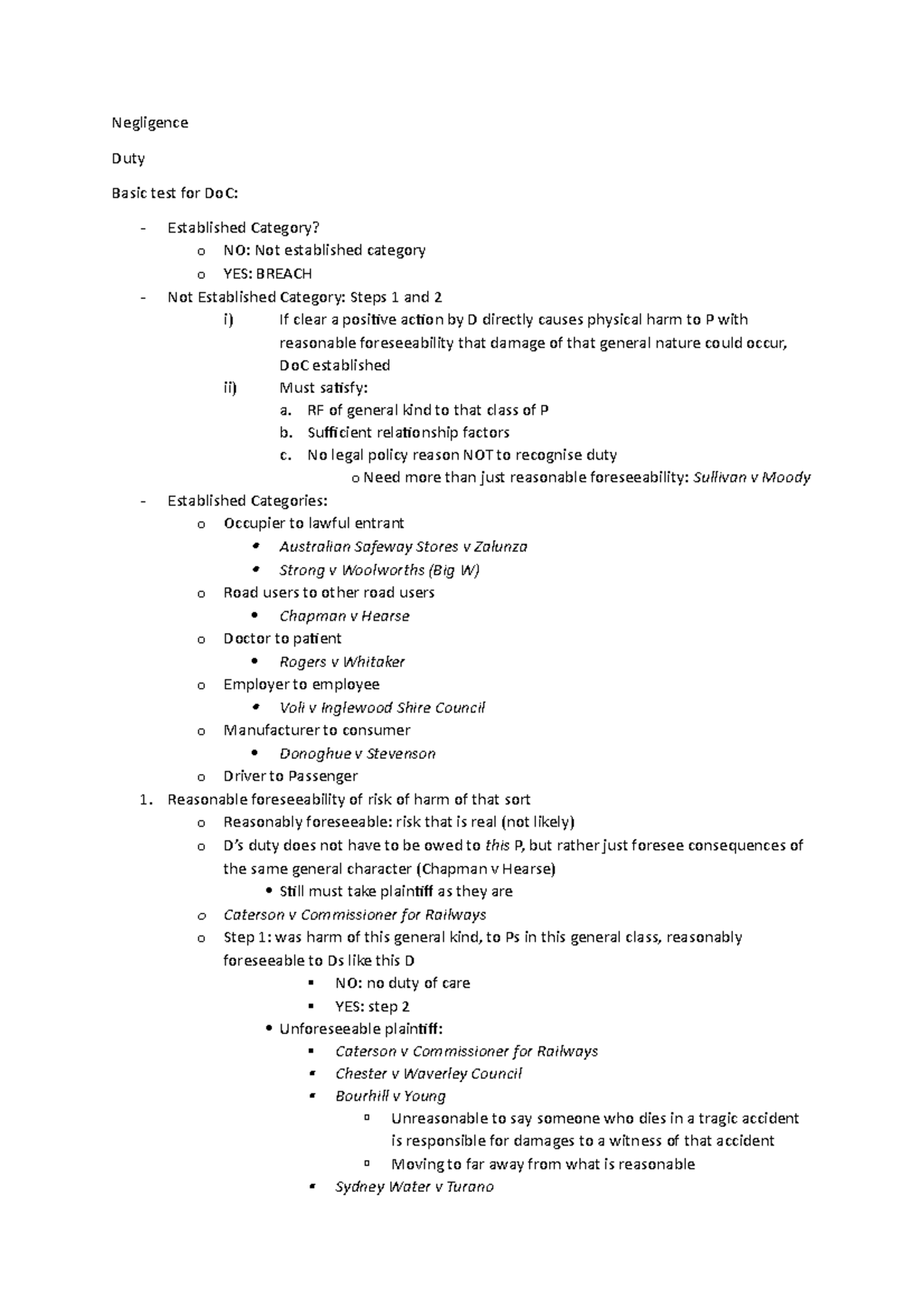 Negligence notes - DoC, Breach, Causation and Harm elements ...