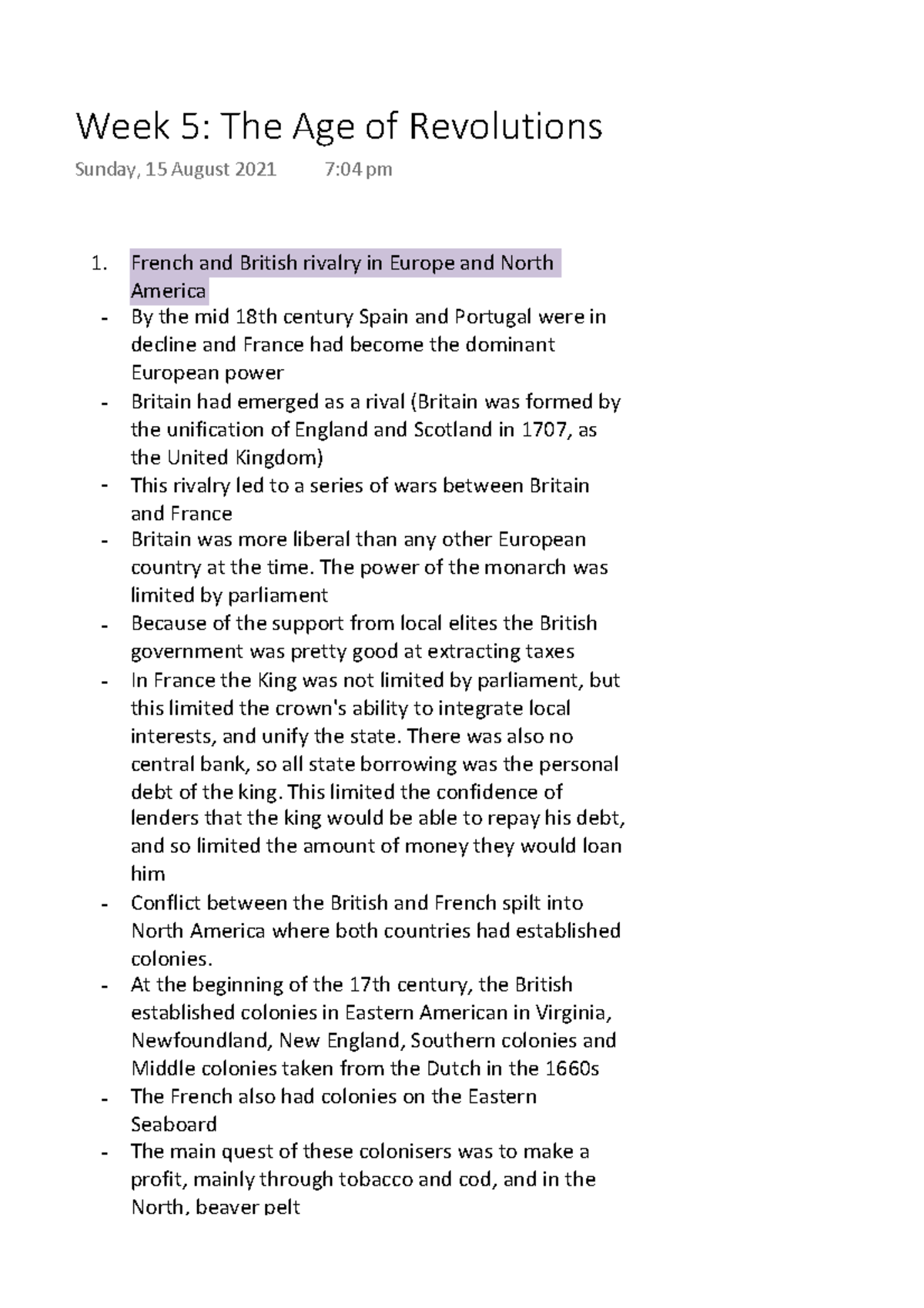 HIST1001 Week 5 The Age of Revolutions - French and British rivalry in ...