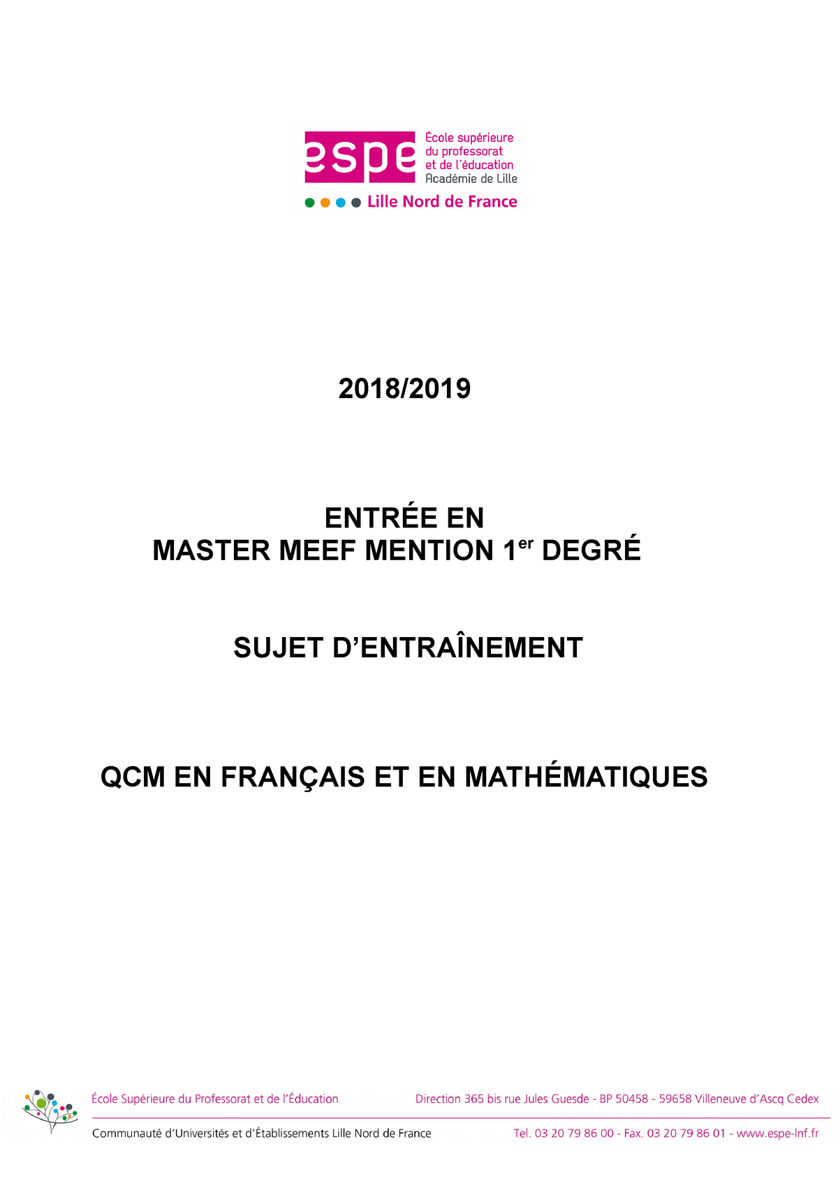 Qcm sujet d entrainement  2018/ ENTRÉE EN MASTER MEEF MENTION 1 er